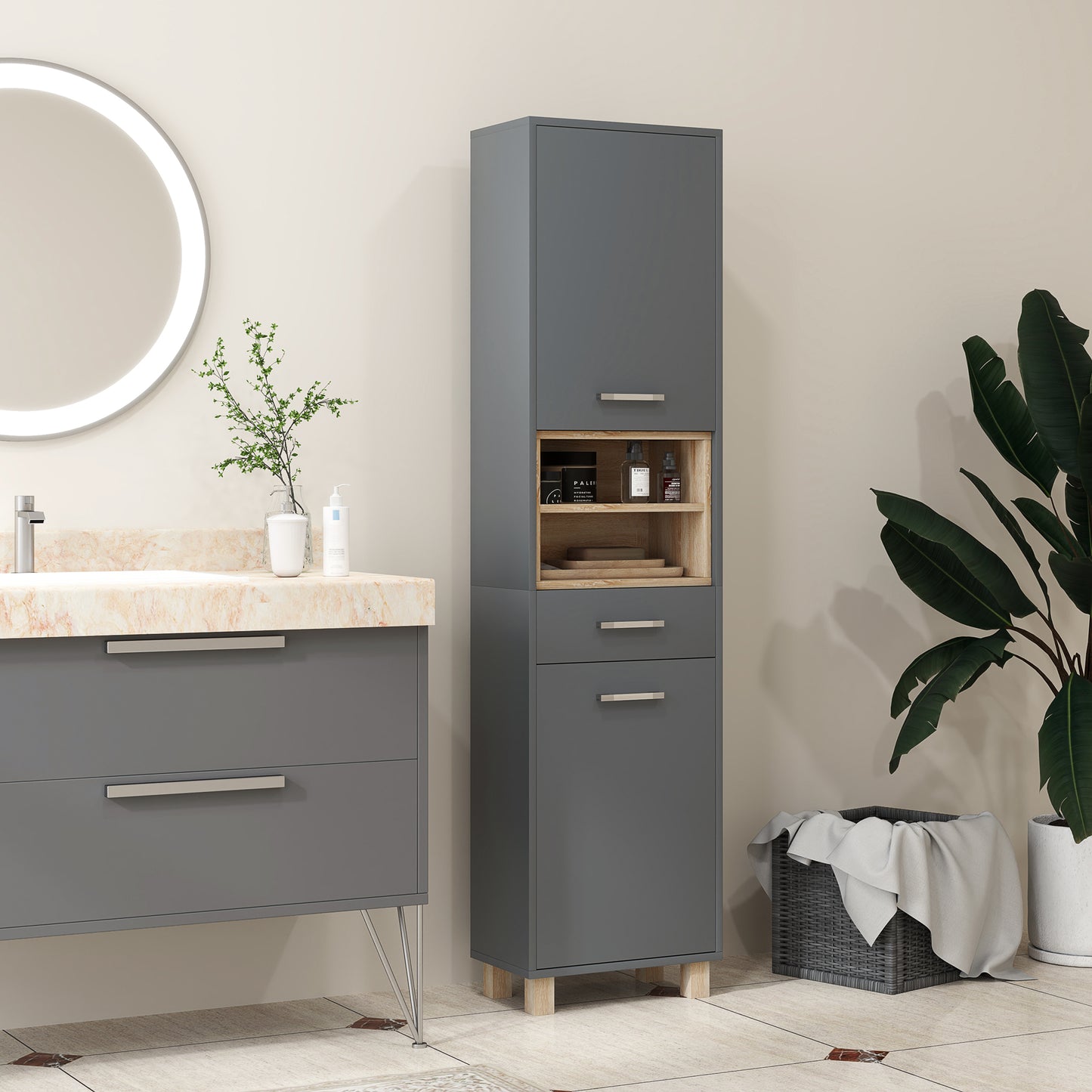 Modern Bathroom Column with Drawer and Cabinets in Wood and Aluminium Alloy, 40x24x160 cm, Grey