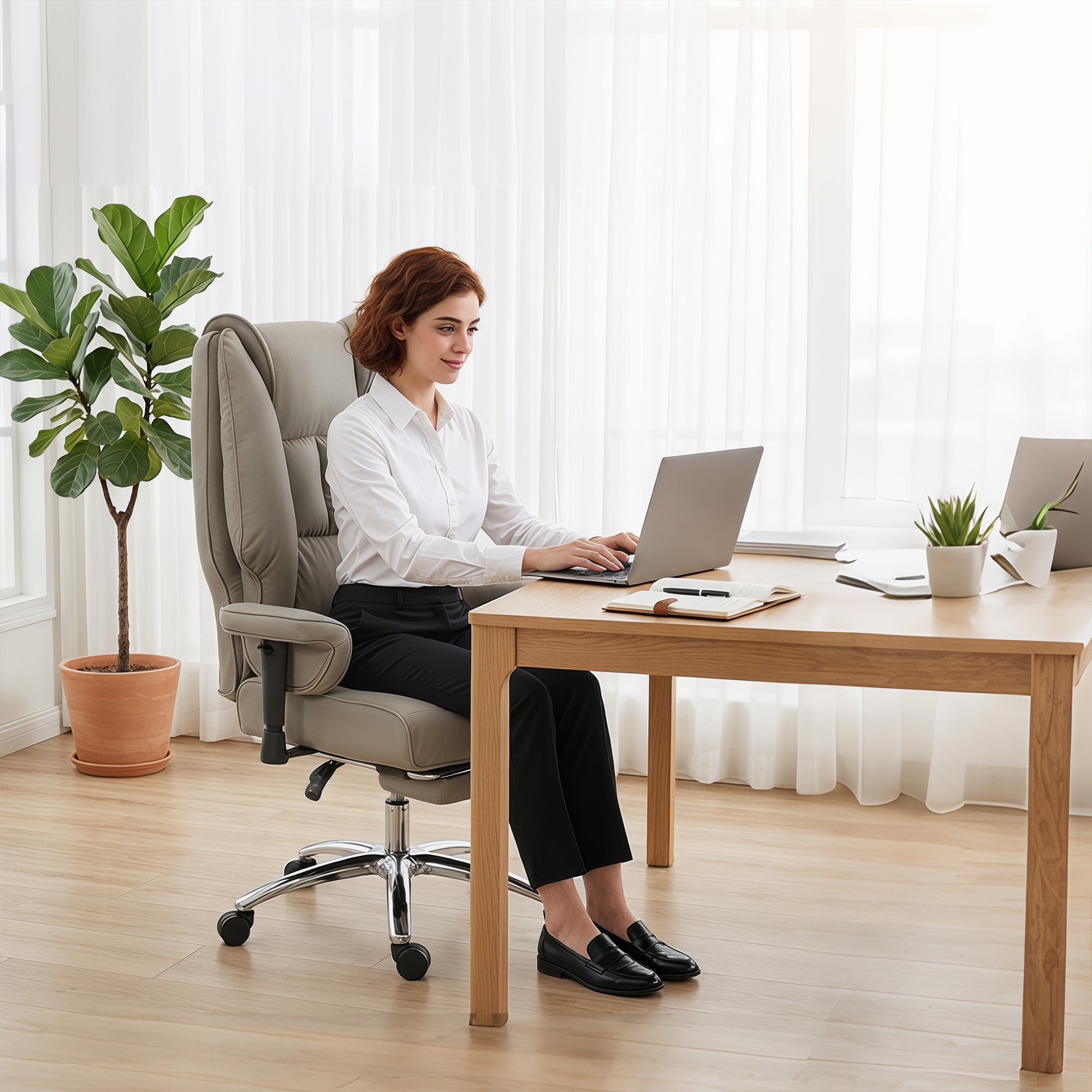 HOMCOM Ergonomic Reclining Office Chair with Footrest, High Back, Adjustable Height, Light Grey