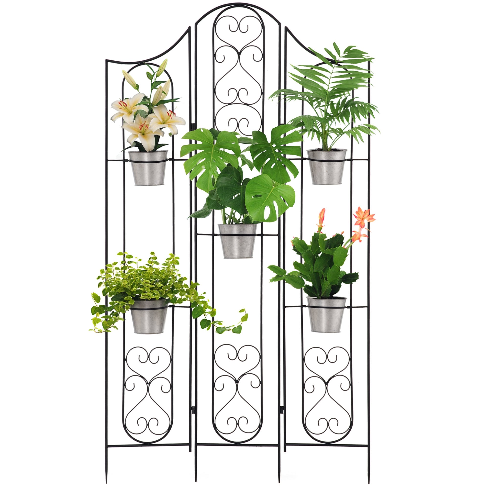 Folding Vertical Plant Stand with 5 Outdoor Metal Pots, 82x12.5x150cm, Black