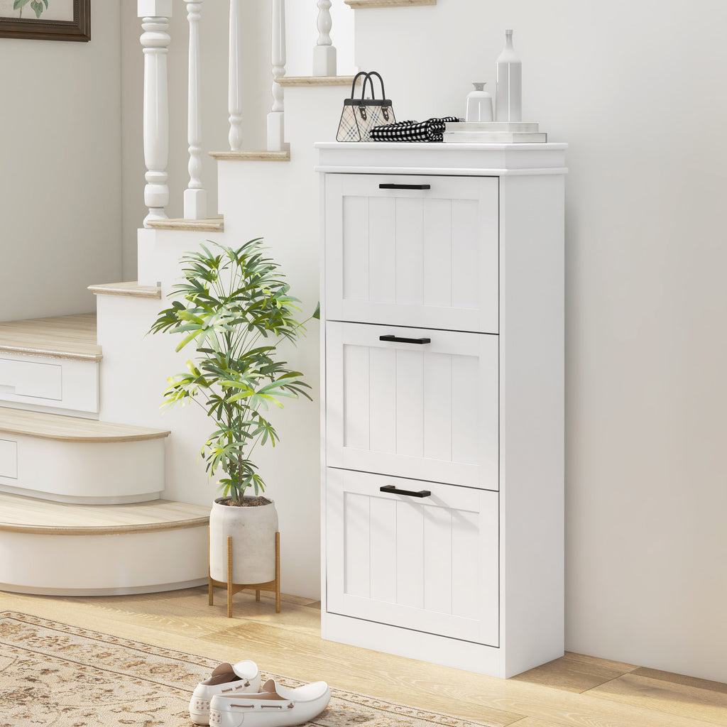 Modern Shoe Rack with 3 Tilting Drawers for 15 Pairs of Shoes and Adjustable Shelf, 54x24x117.5cm, White