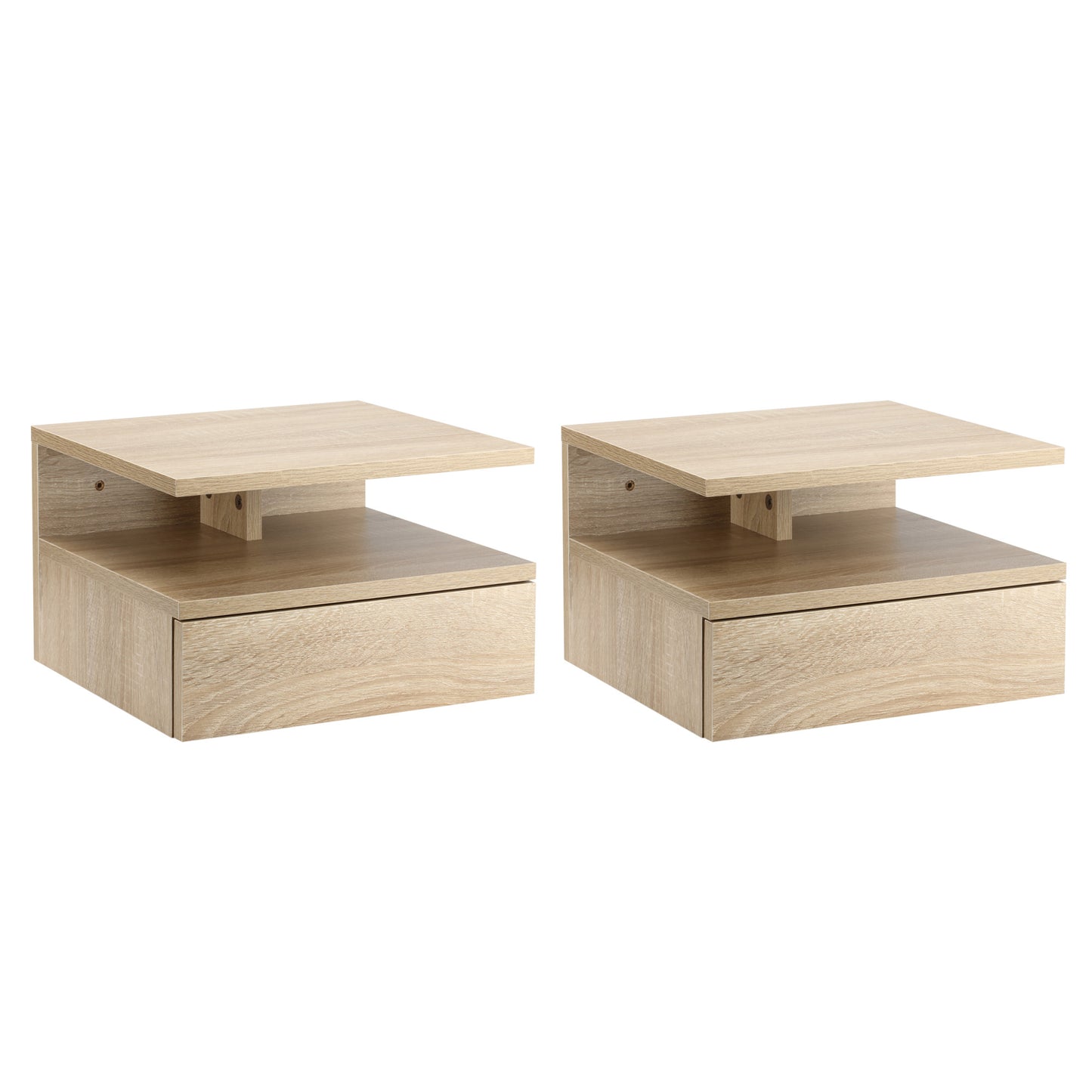 Set of 2 Modern Suspended Bedside Tables for the Bedroom with Drawer and Top Shelf in Wood 35x32x22.5cm, Oak