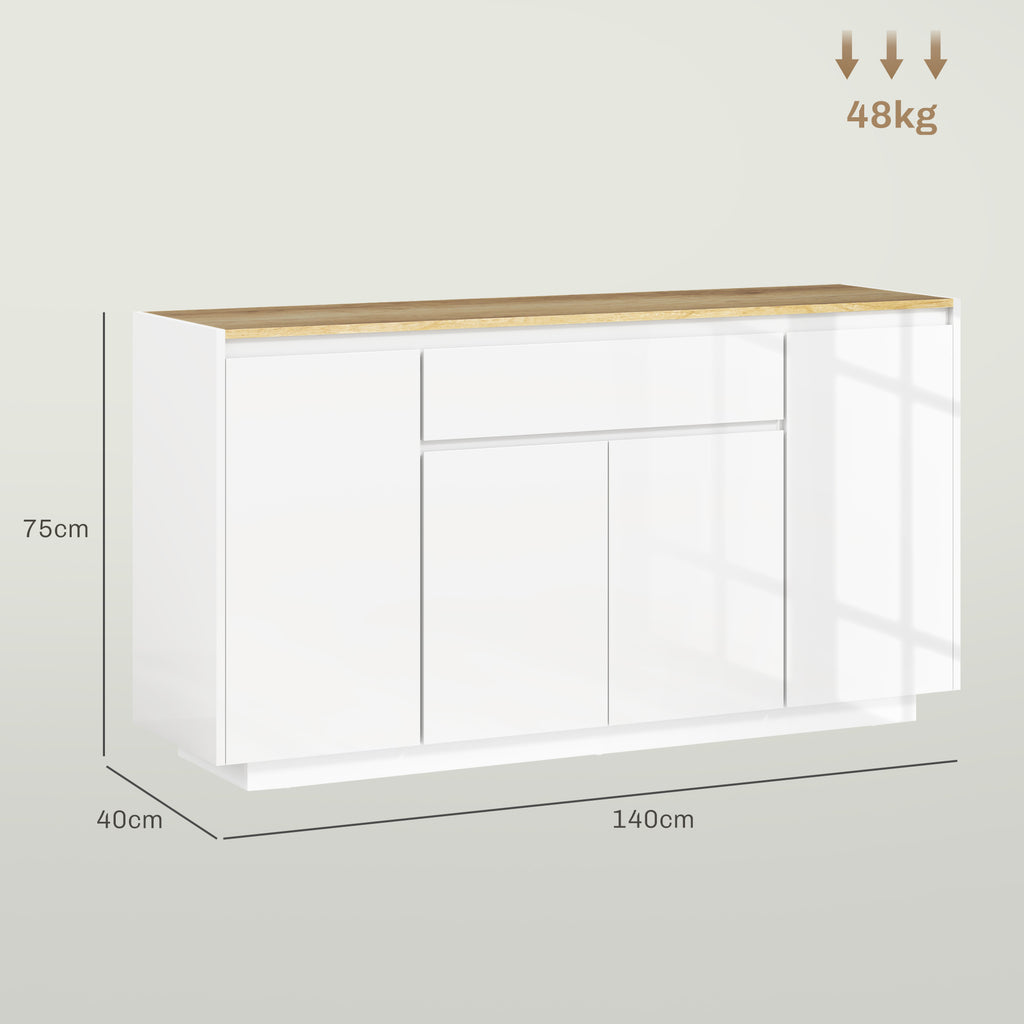 Modern Kitchen Sideboard with Drawer and 3 Cabinets with Adjustable Shelves, 140x40x75 cm, White