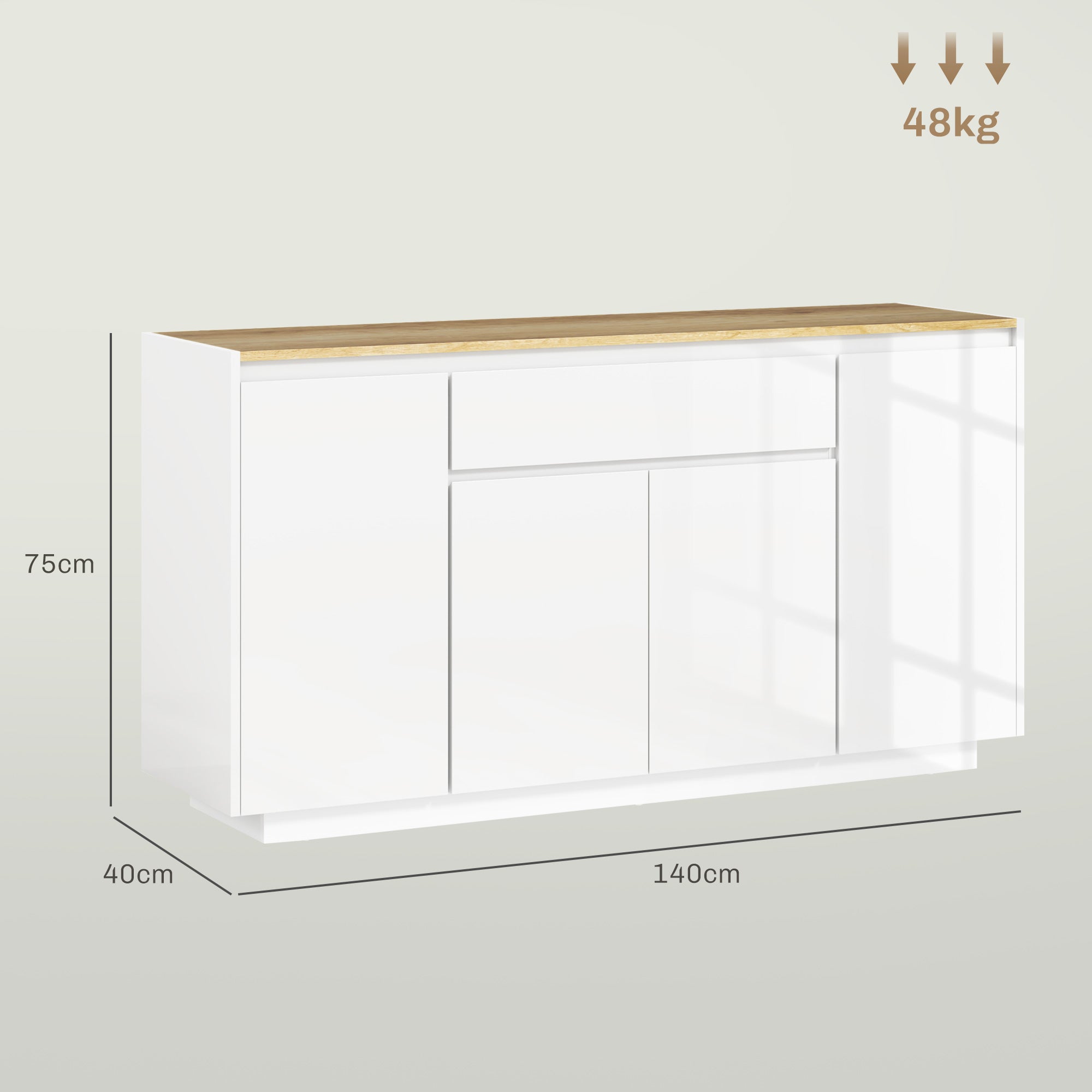 Modern Kitchen Sideboard with Drawer and 3 Cabinets with Adjustable Shelves, 140x40x75 cm, White
