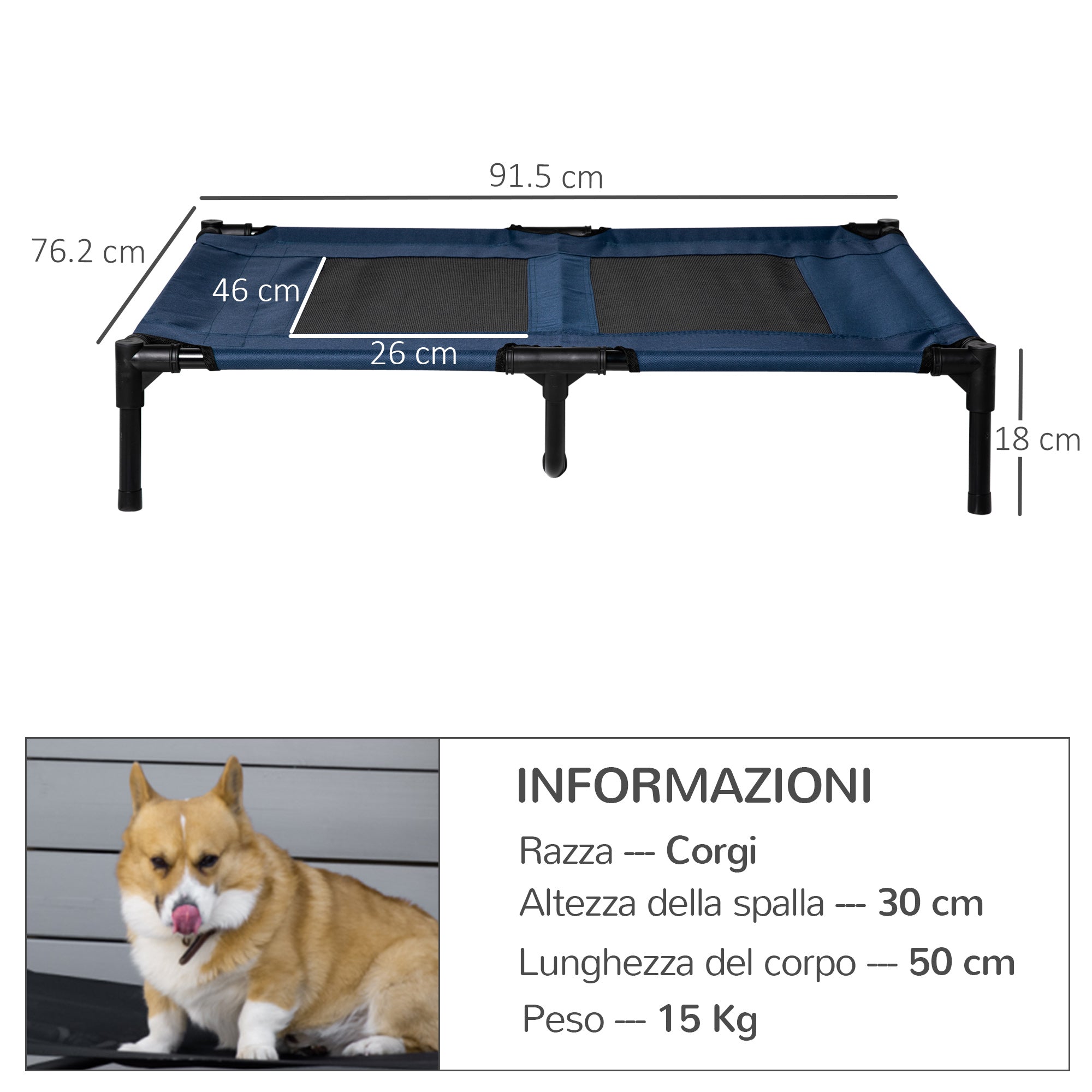 Raised Dog Bed with 600D Mesh Fabric, Travel Bed for Large Dogs up to 30kg, 91.5x76.2x18 cm, Blue