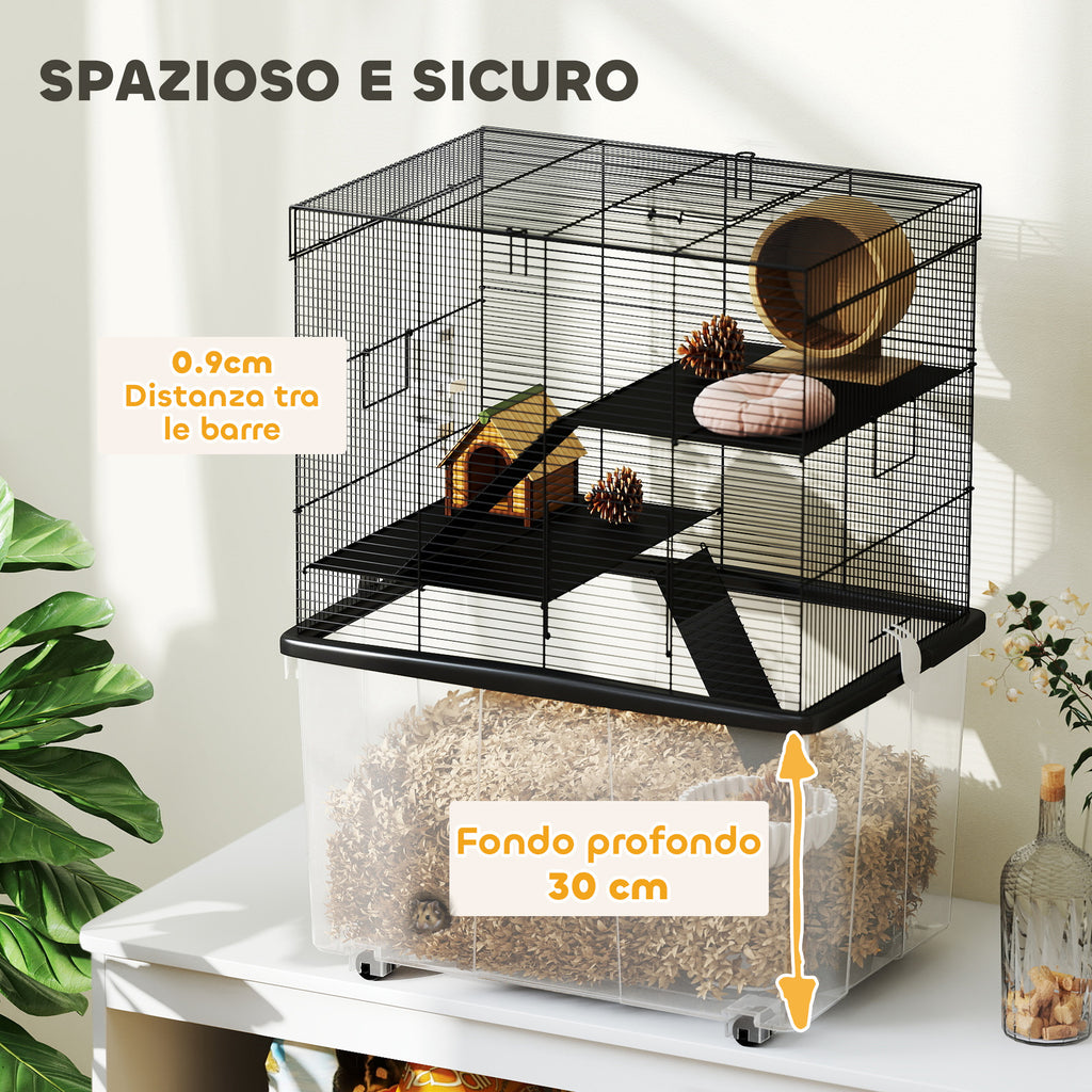 Hamster Cage 3 Floors with Wheels, 2 Platforms, Ramps, Bowl and Bottle, 58x43x74 cm, Black