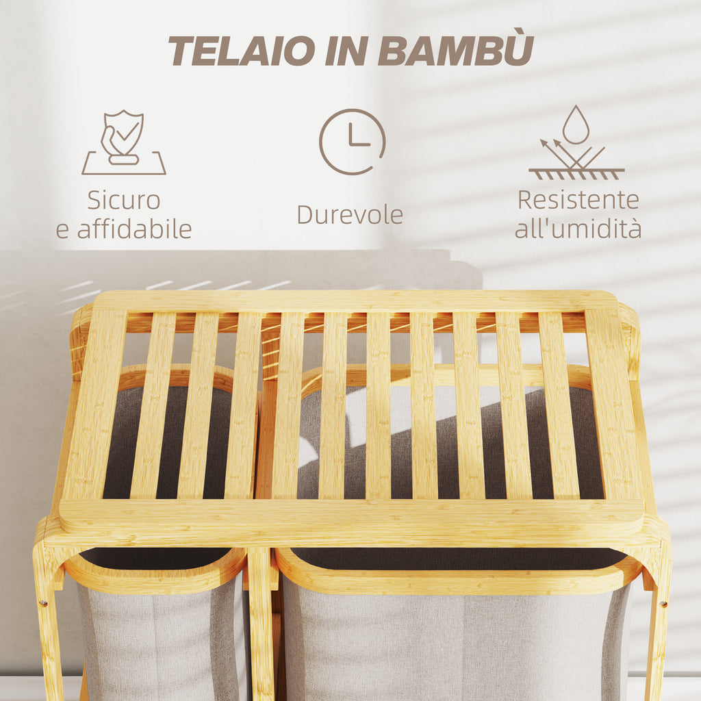 Bamboo Laundry Basket with 3 Bags and Removable Fabric Shelves, 50x32x69.7 cm, Bamboo and Cream