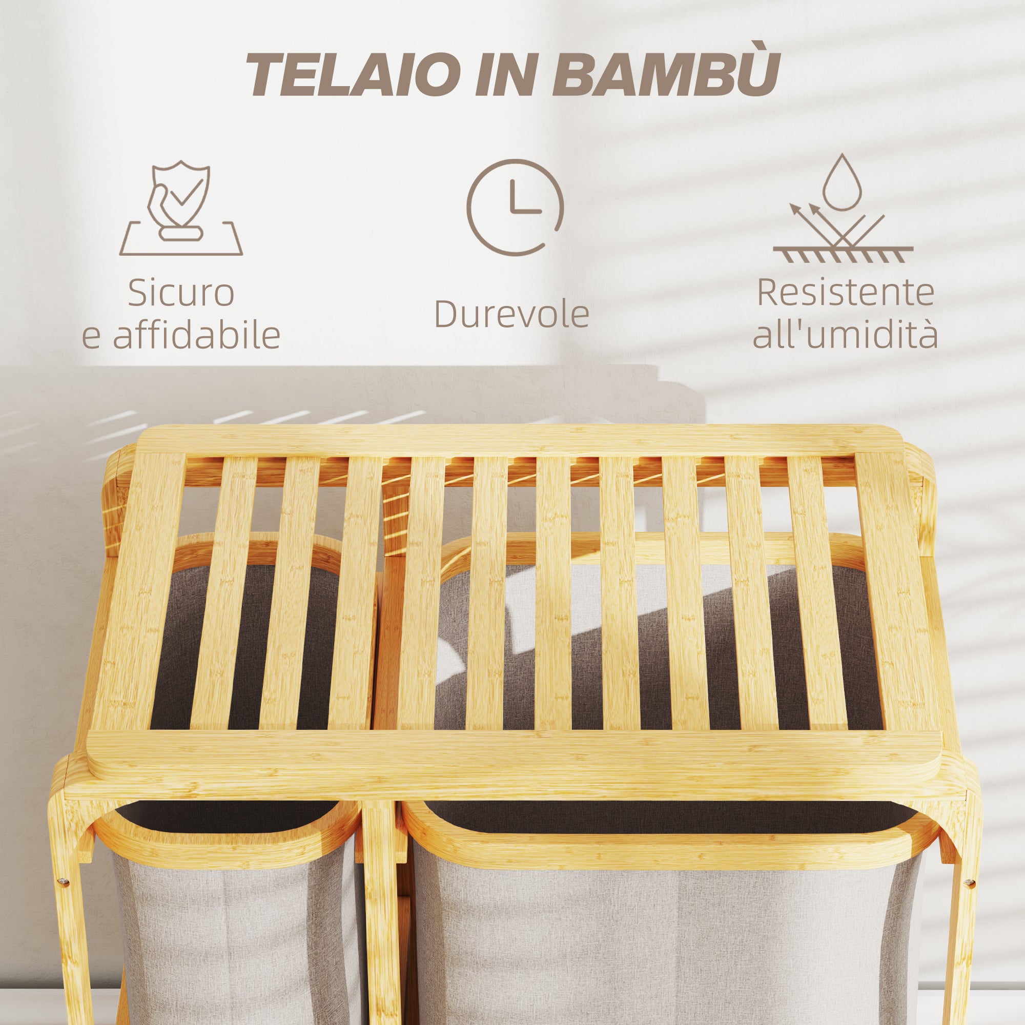 Bamboo Laundry Basket with 3 Bags and Removable Fabric Shelves, 50x32x69.7 cm, Bamboo and Cream