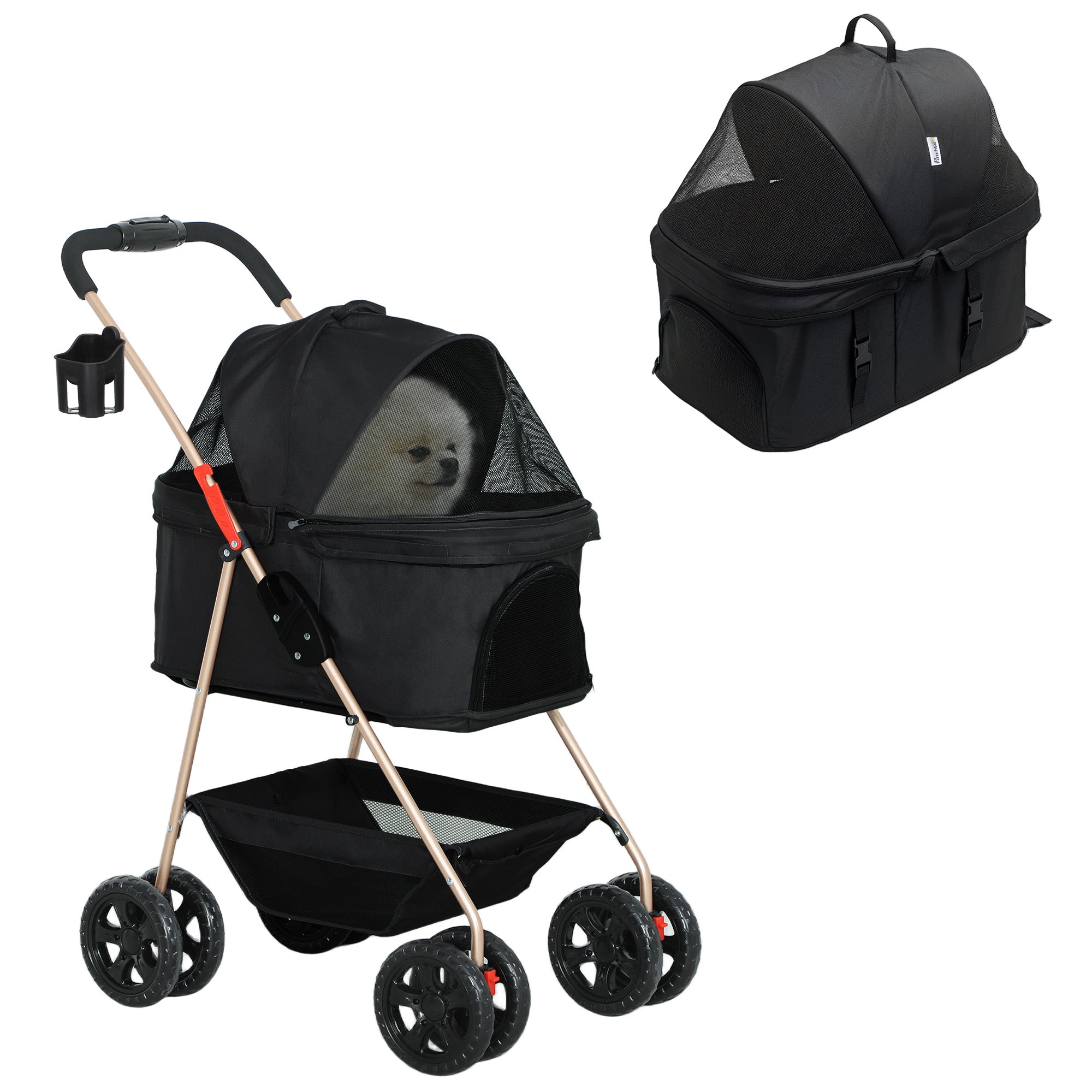 3 in 1 Foldable Dog Stroller with Carrying Bag and Bottom Basket, Black