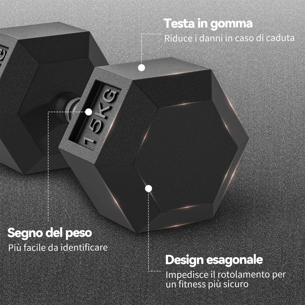HOMCOM 2-Piece 15kg Hexagonal Fitness Dumbbell Set with Non-Slip Grip, Steel and Rubber, Ø15.5 x 33.6 cm, Black