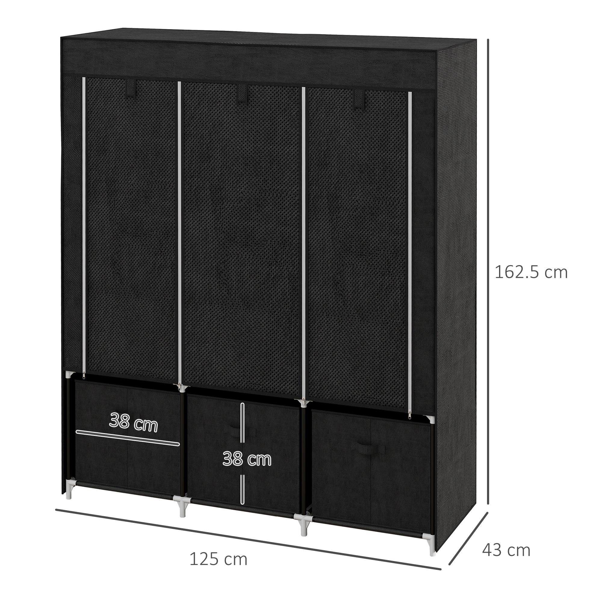 HOMCOM Fabric Wardrobe Space-Saving Folding Closet 125x43x162.5cm Black