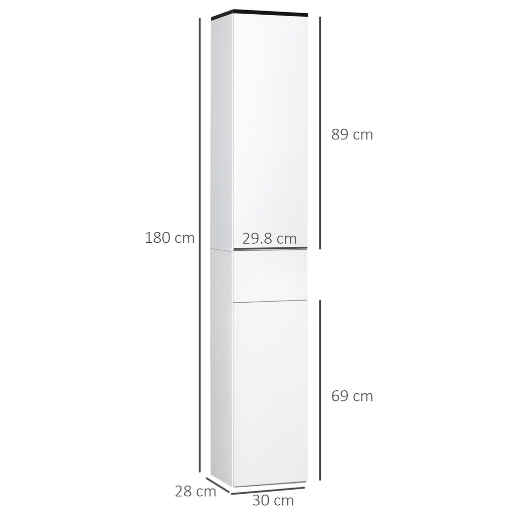 kleankin Bathroom Cabinet with Adjustable Shelf, 2 Closed Shelves and a Wooden Drawer, 30x28x180 cm, White