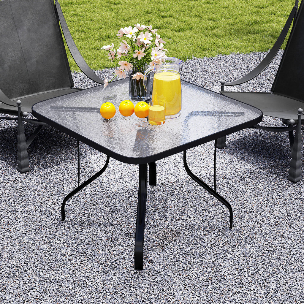 4-seater square garden table with glass top and hole for umbrella Ø54 mm, black