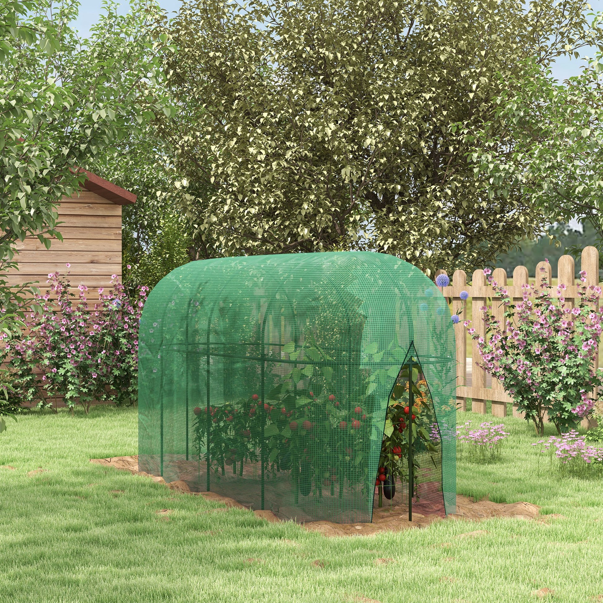 Outsunny greenhouse for 3x1x1.5m mesh plants with hinge door and pickets on the ground, green - Borgè