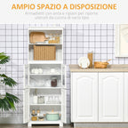 Mobile Pantry with 2 Open Shelves and 2 Cabinets with Doors, in MDF and Glass, 60x30x162 cm, White