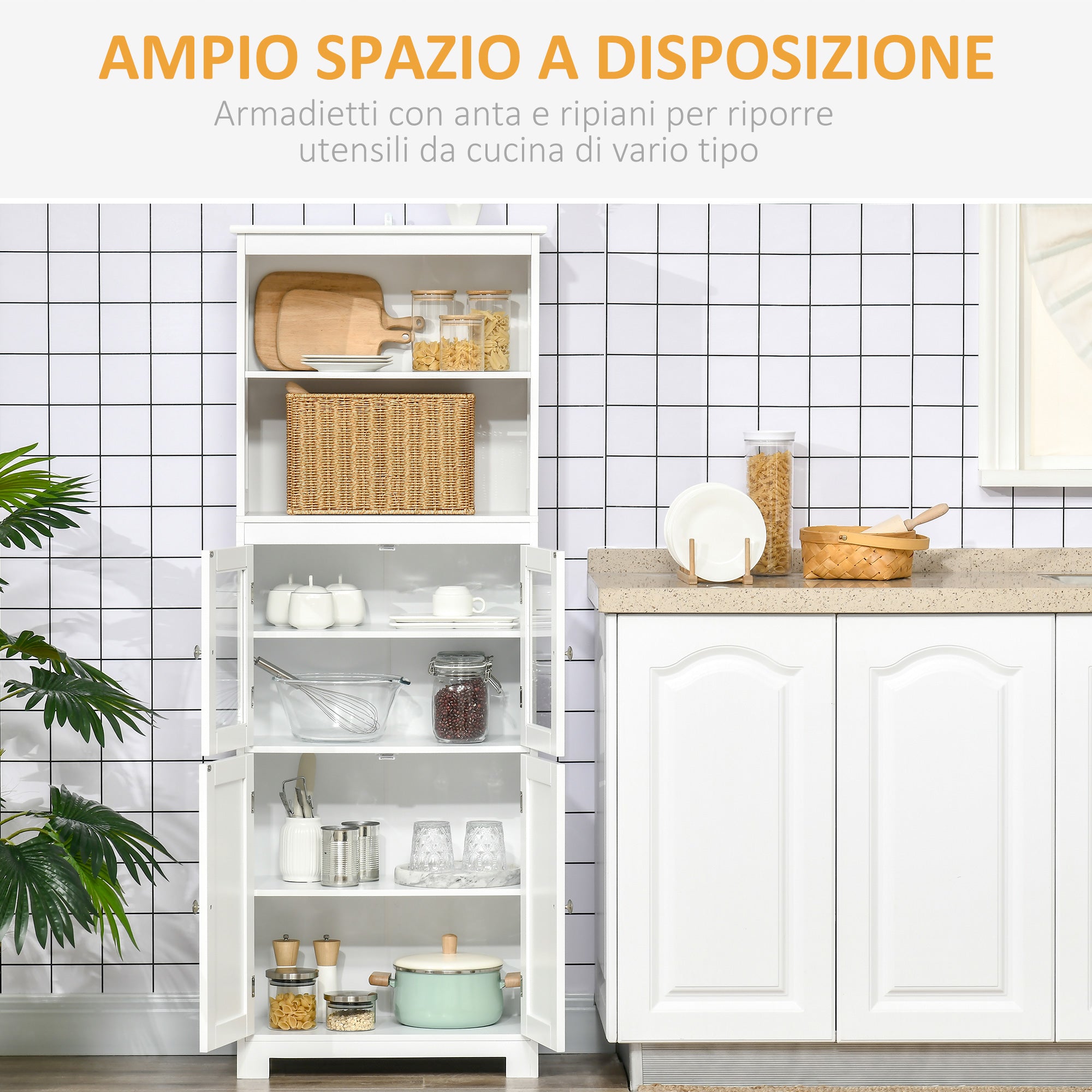 Mobile Pantry with 2 Open Shelves and 2 Cabinets with Doors, in MDF and Glass, 60x30x162 cm, White