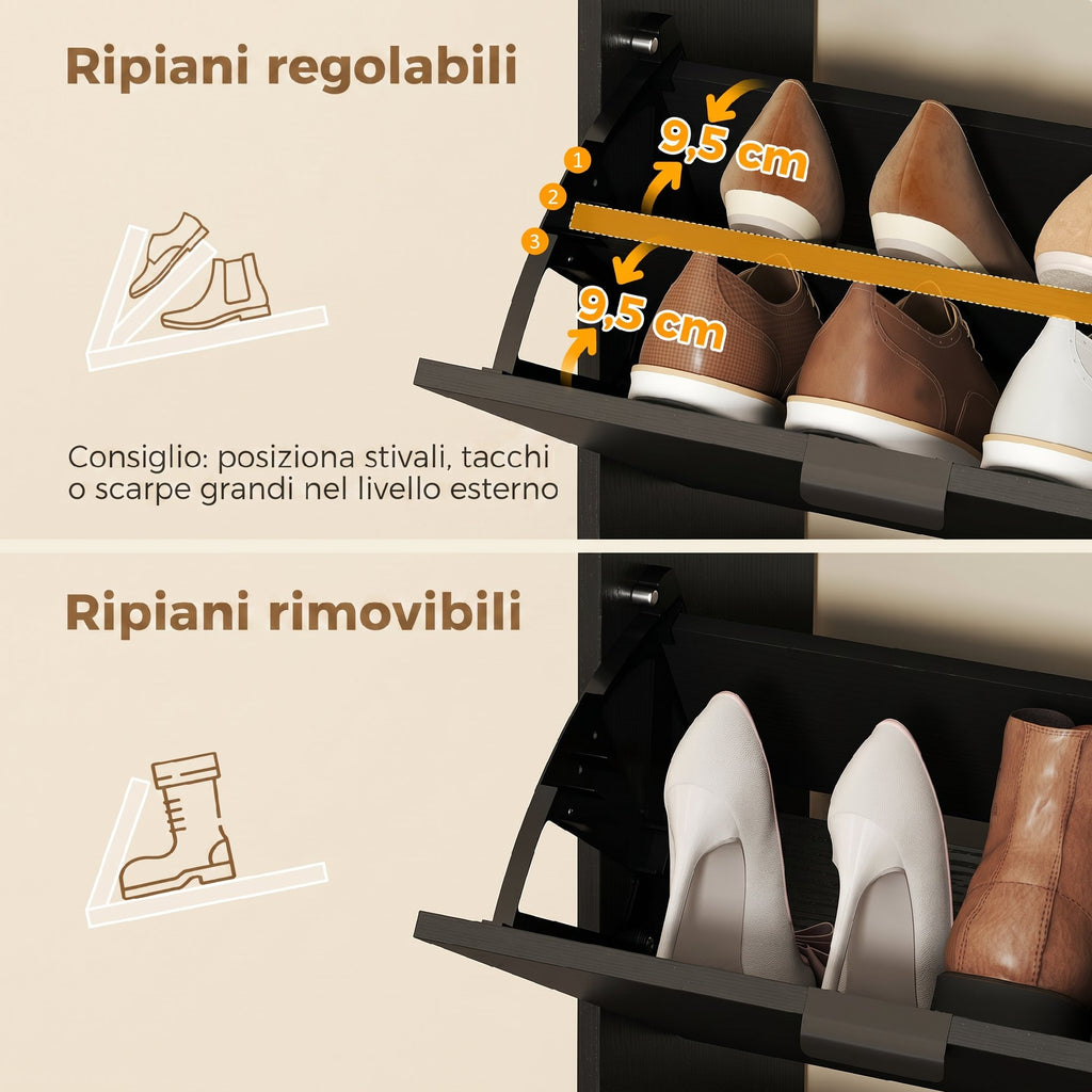HOMCOM Modern Shoe Rack with Mirror, 4 Drop-Down Drawers, Holds up to 16 Pairs of Shoes, Black