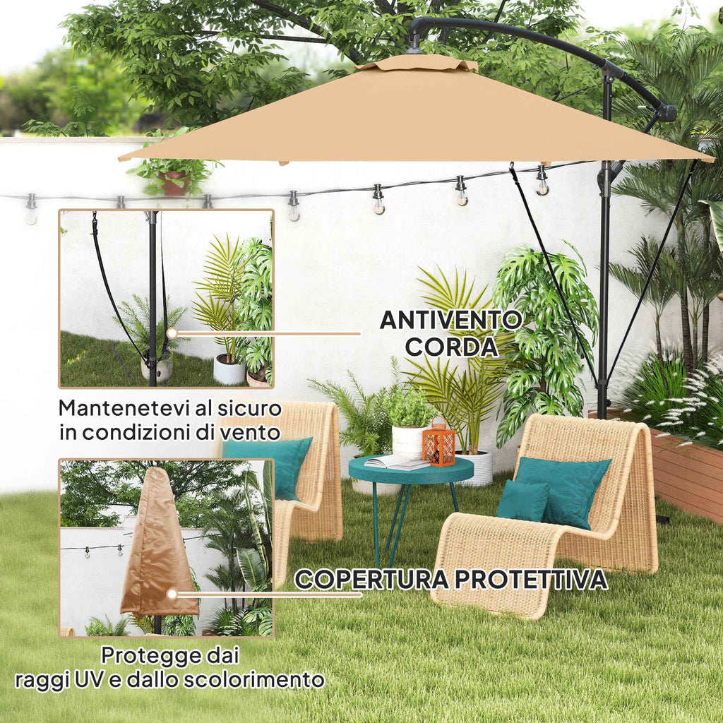 Outsunny 3m Off-Center Umbrella with Air Vents, Cross Base and Crank Handle, in Metal and Polyester, Khaki