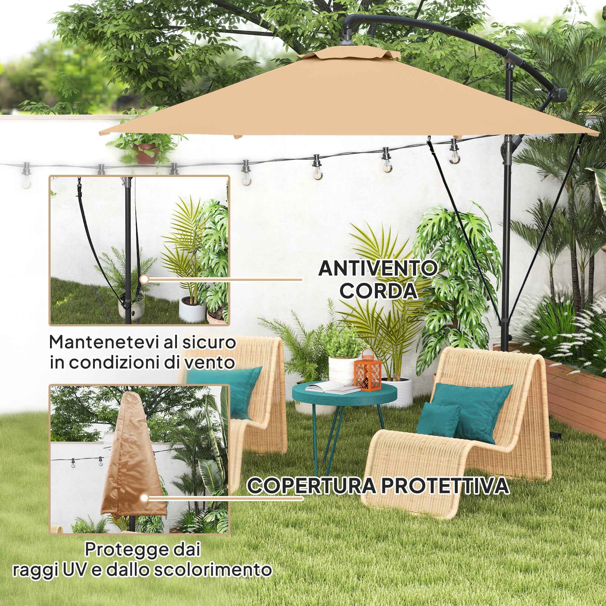 Outsunny 3m Off-Center Umbrella with Air Vents, Cross Base and Crank Handle, in Metal and Polyester, Khaki