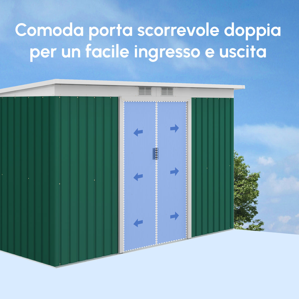 Steel Sheet Garden Tool Shed with Sliding Doors, 280x130x172cm, Dark Green