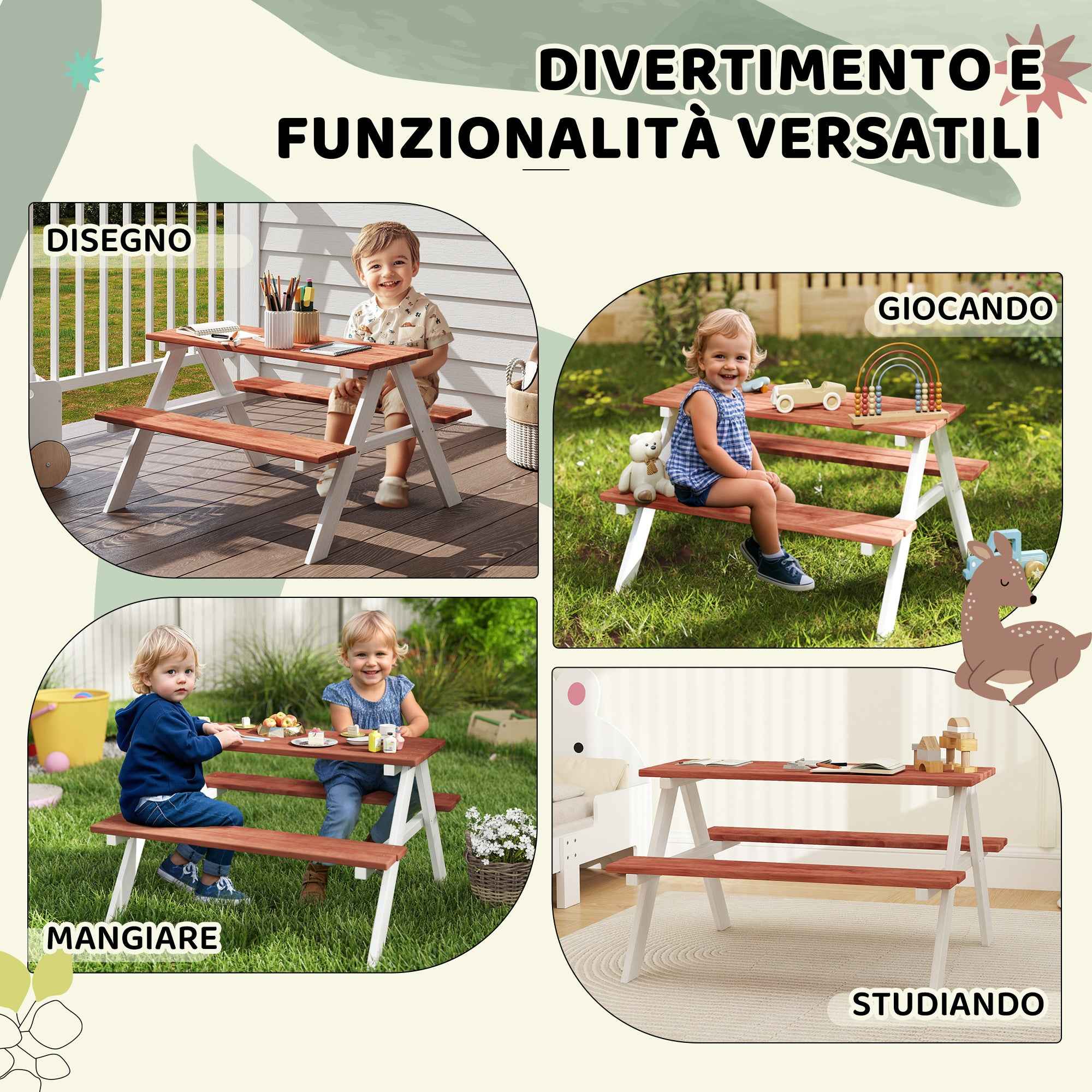 Outsunny Picnic Table Set for Children Ages 3-8 with Wooden Benches, 89x79x50 cm, Brown