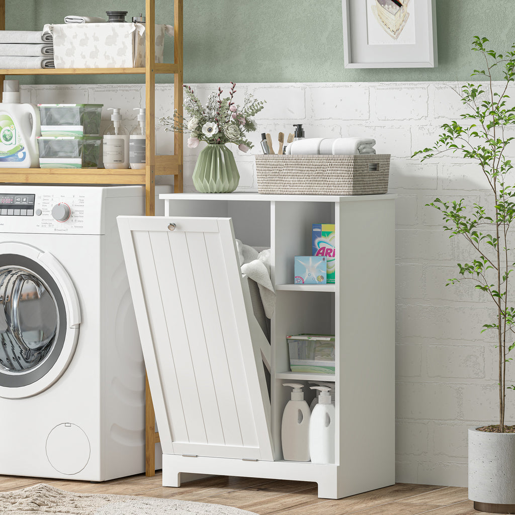 Bathroom Laundry Cabinet with Removable Basket and Adjustable Shelves, 60x38x86 cm, White