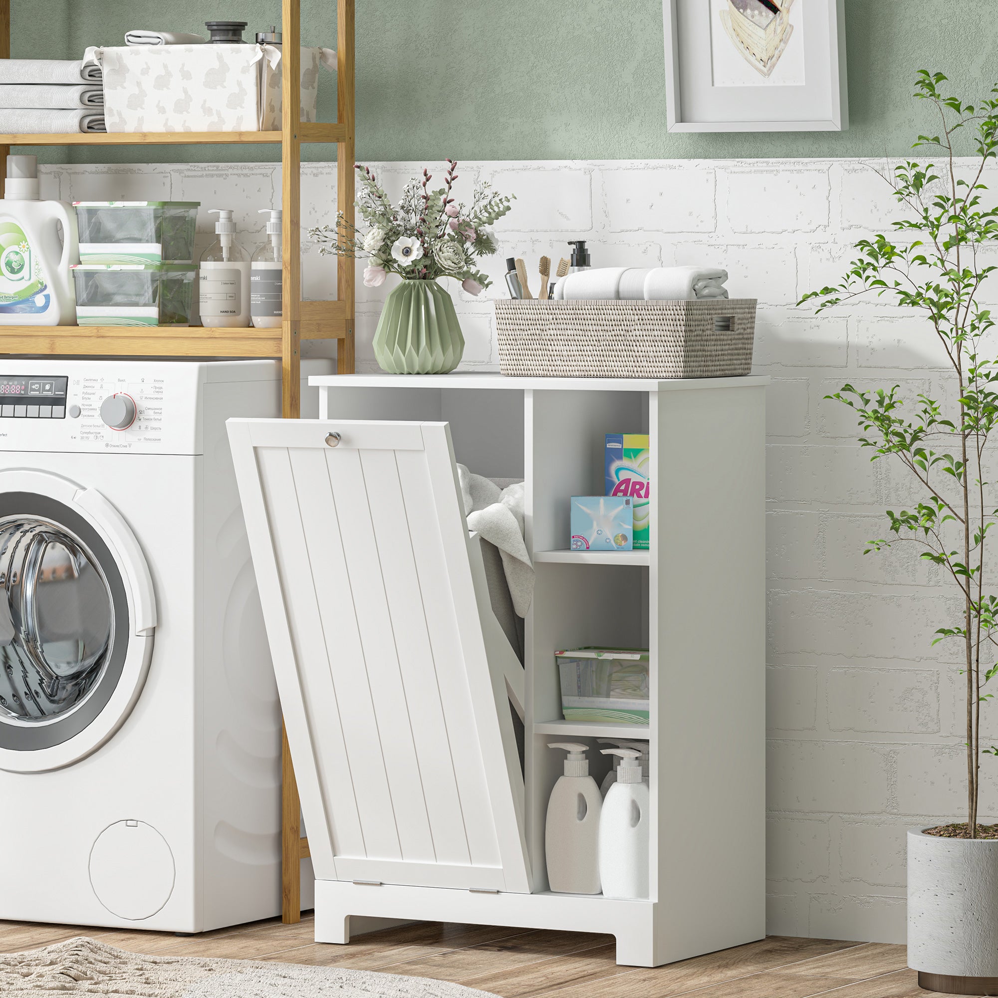 Bathroom Laundry Cabinet with Removable Basket and Adjustable Shelves, 60x38x86 cm, White
