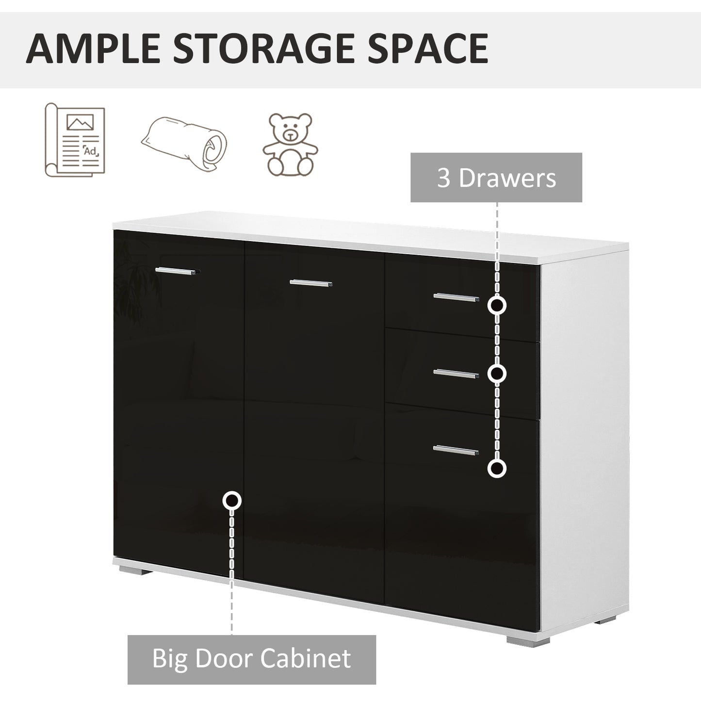 Chest of Drawers, Living Room and Bedroom Cabinet with 3 Doors and 2 Drawers, Glossy Black, Scratch-Resistant (106 x 35 x 76 cm)