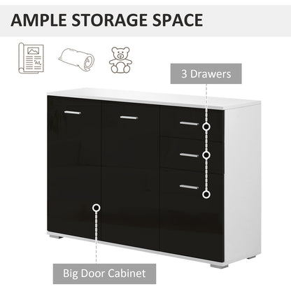 Chest of Drawers, Living Room and Bedroom Cabinet with 3 Doors and 2 Drawers, Glossy Black, Scratch-Resistant (106 x 35 x 76 cm)