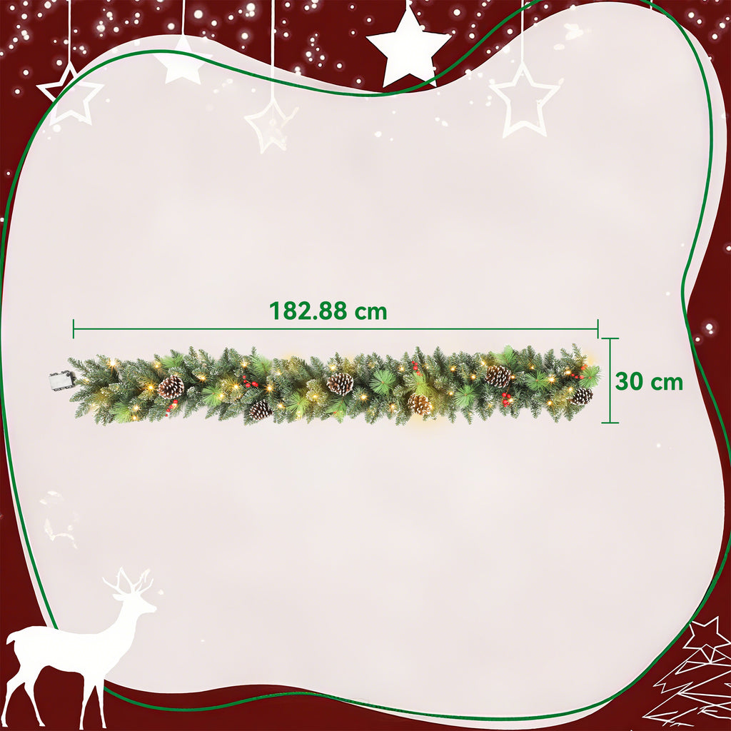 180cm Christmas Garland with Snow-Covered Branches and 30 White Lights, Pine Cones and Berries for Indoors
