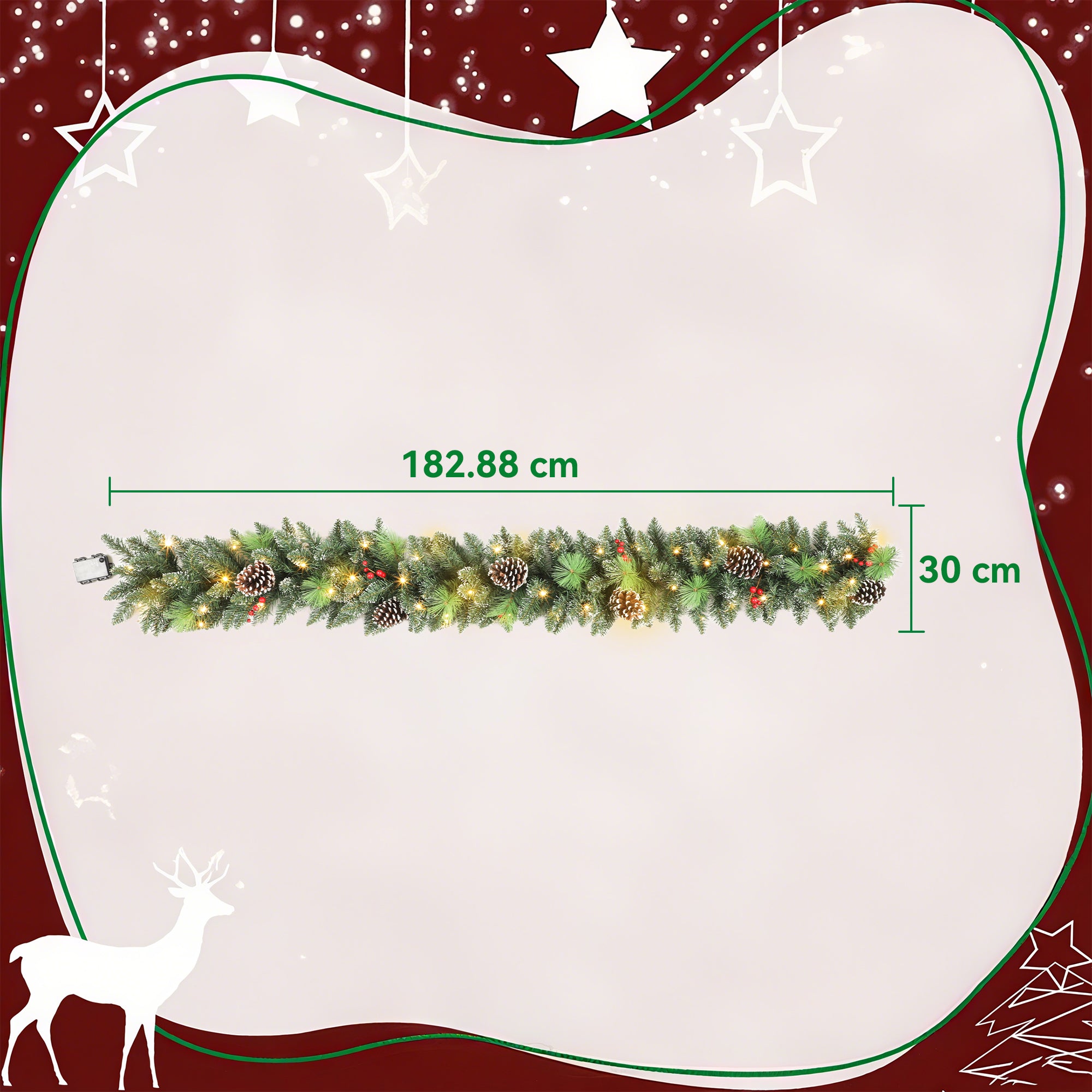 180cm Christmas Garland with Snow-Covered Branches and 30 White Lights, Pine Cones and Berries for Indoors