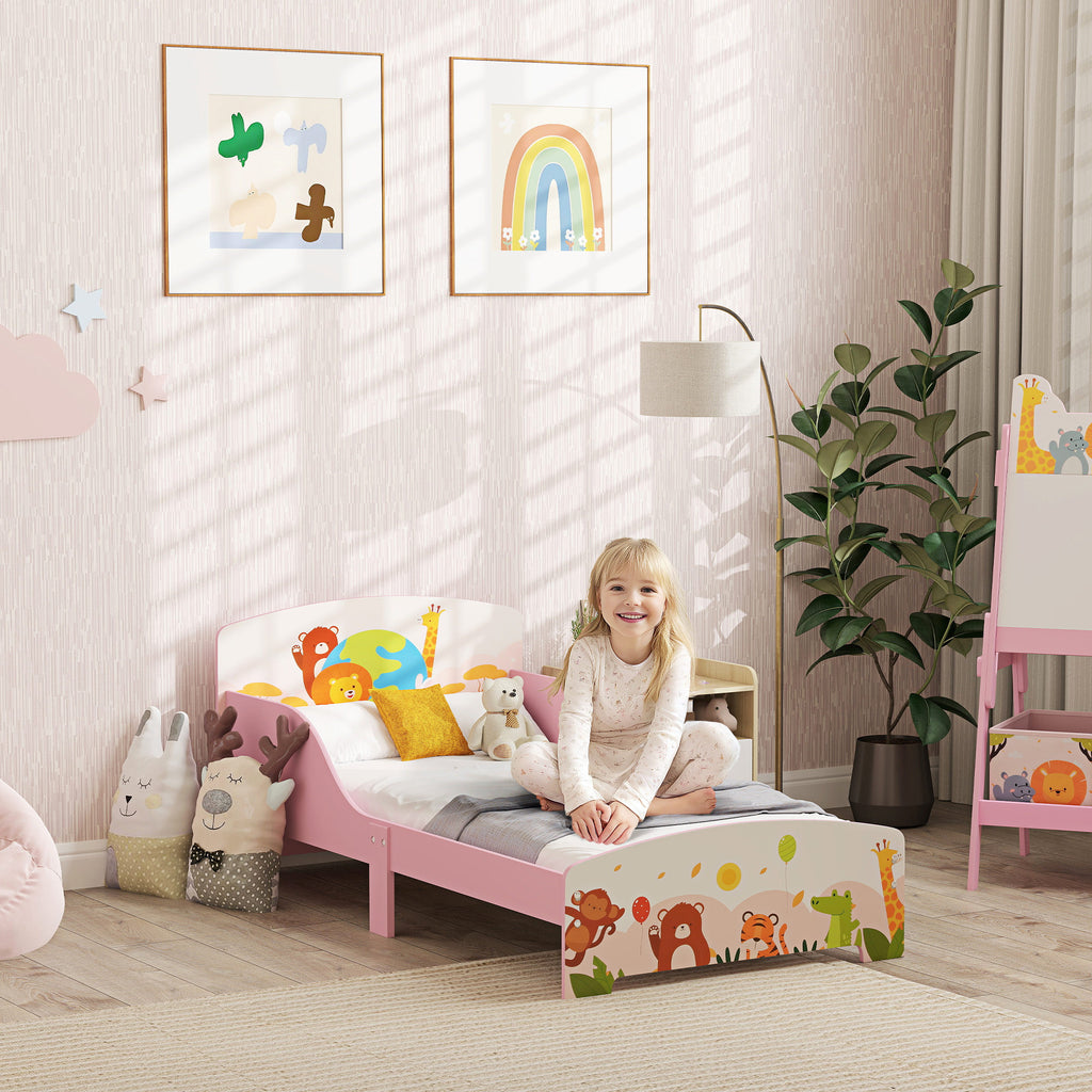 Wooden Cot for Children 3+ Years with Raised Edges and Safety Rails, 143x77x60 cm, Pink