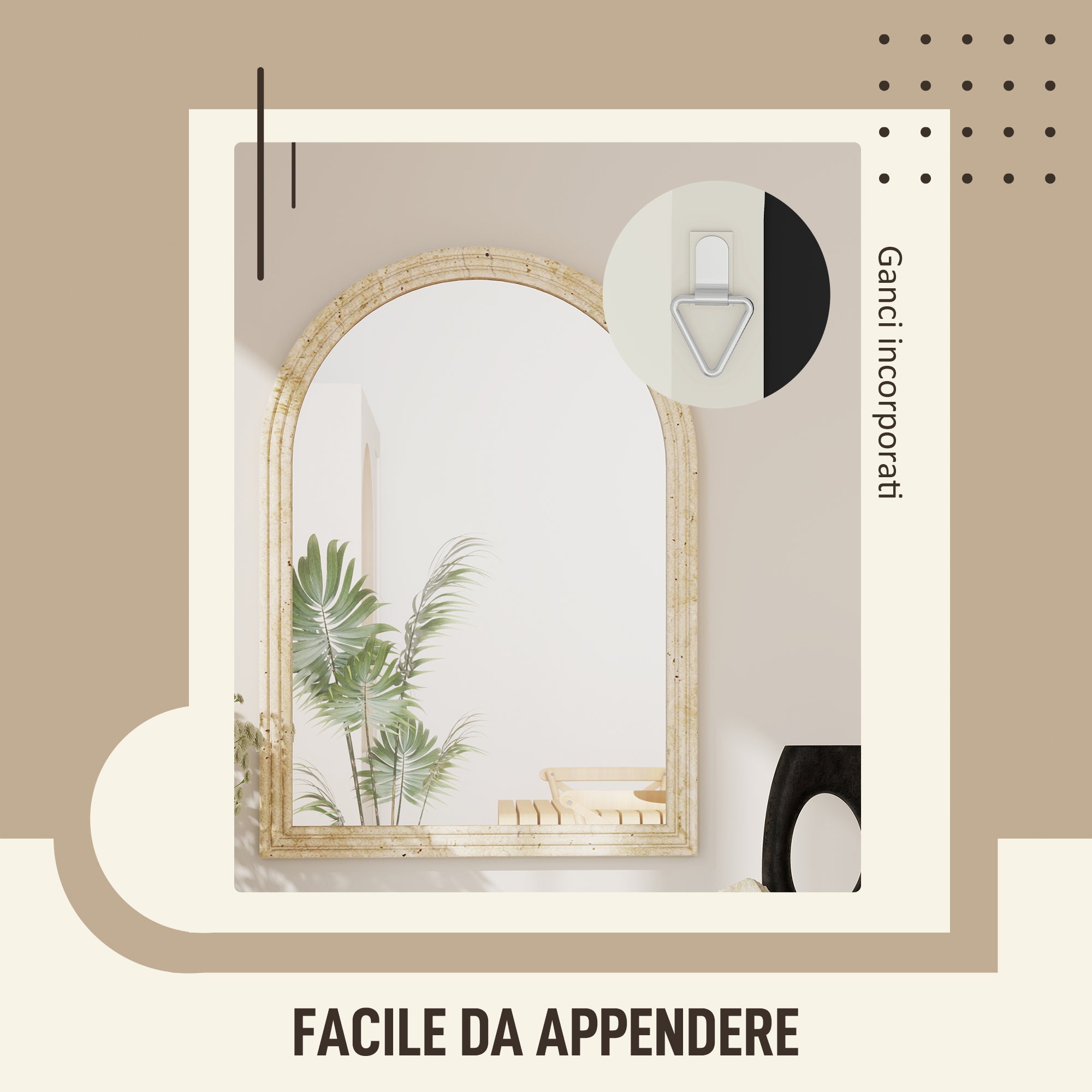 Arched Wall Mirror with Fluted Edge and Hooks, Glass and Polystyrene, 50x2x70 cm, Beige