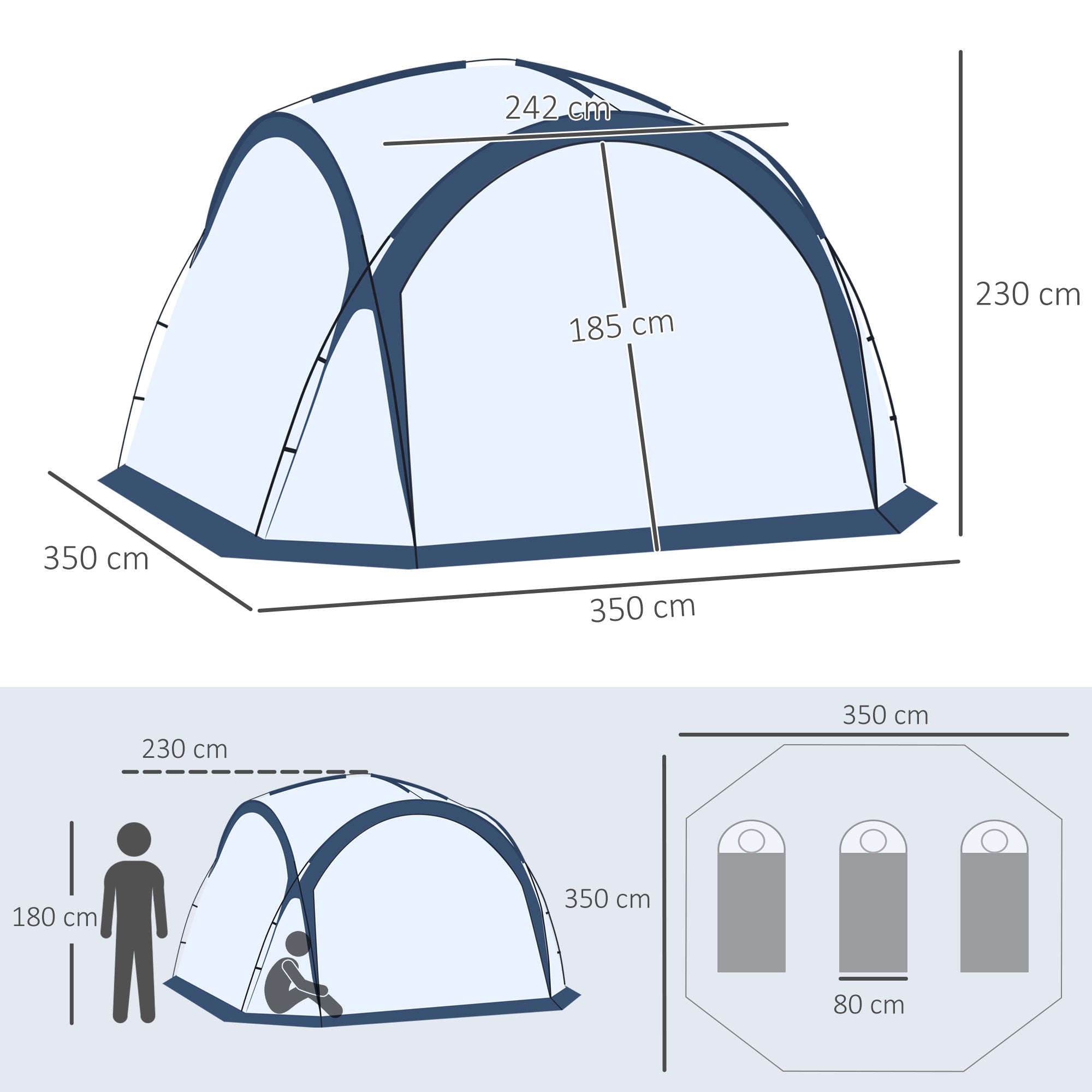 4-5 Person Camping Tent with 4 Zippered Doors, Mosquito Net and Hook, 350x350x230cm, White and Blue