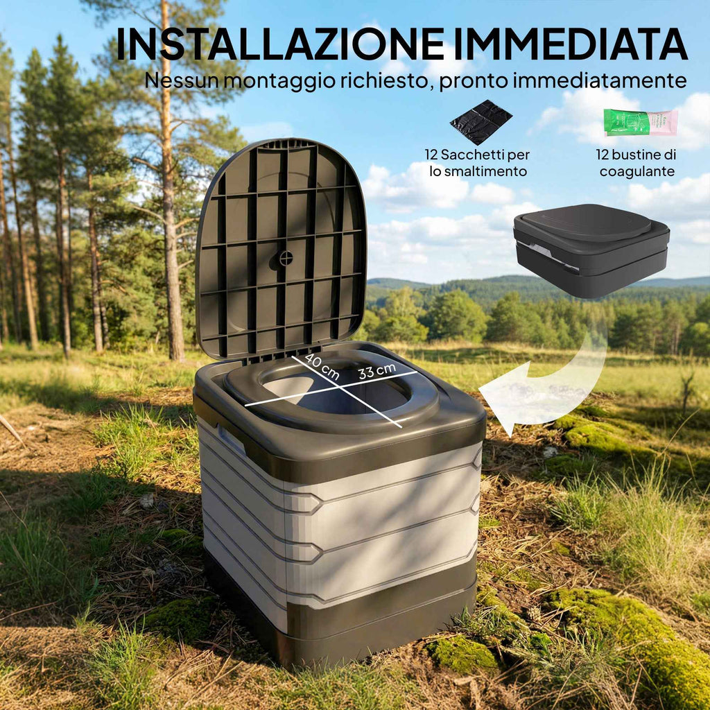 Outsunny Portable Camping Toilet with 12 Clotting Packets and 12 Disposal Bags, 42x46x43.5 cm, Grey and Black