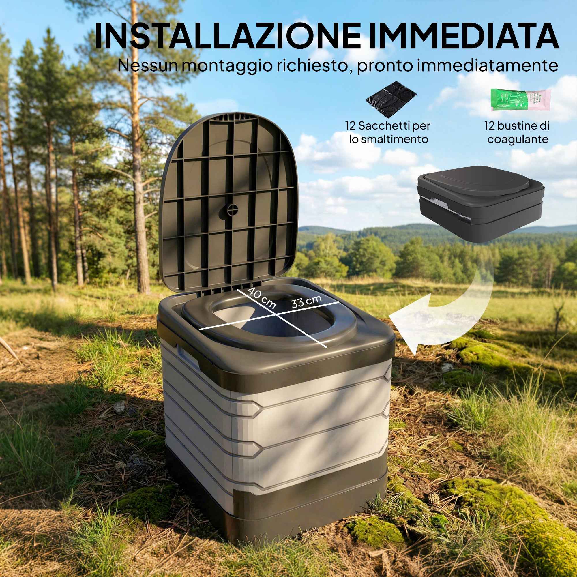 Outsunny Portable Camping Toilet with 12 Clotting Packets and 12 Disposal Bags, 42x46x43.5 cm, Grey and Black