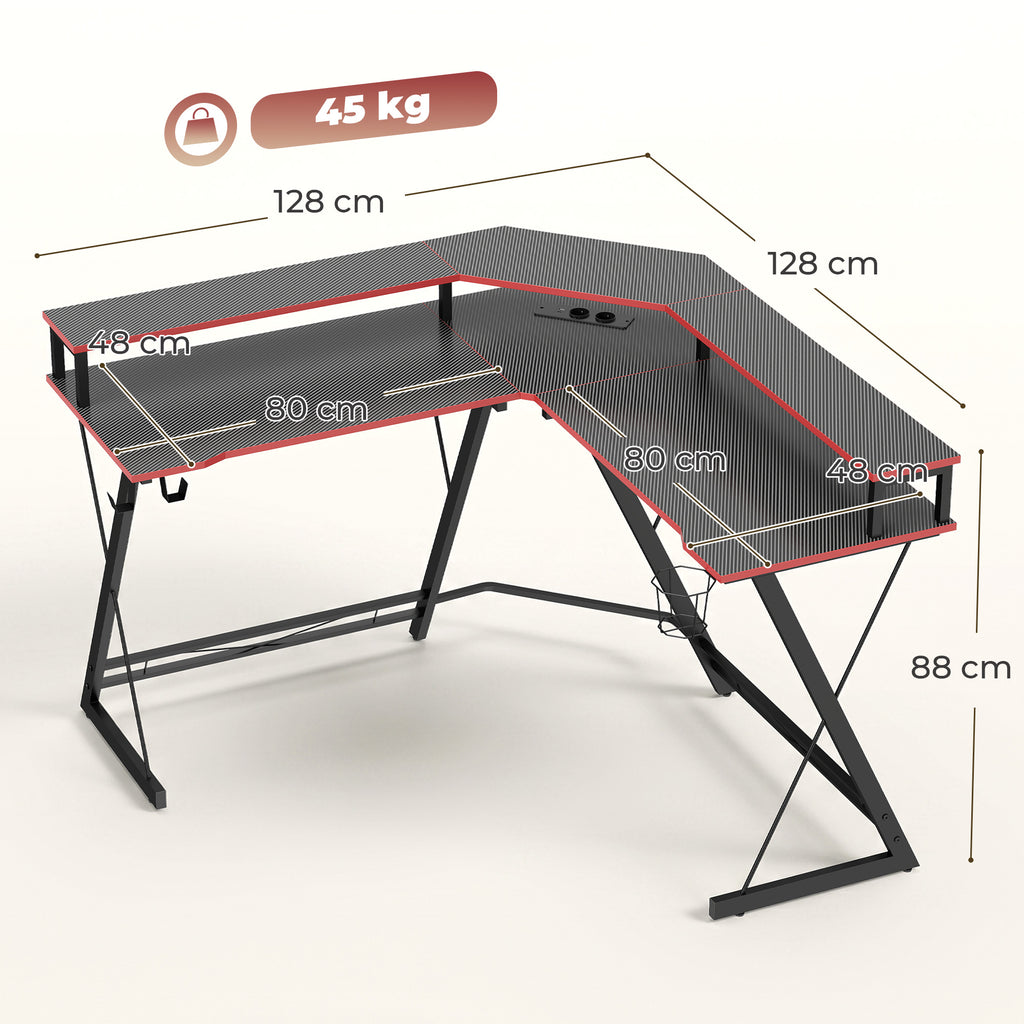 HOMCOM Corner Gaming Desk with Monitor Stand, Headphone Hook and Cup Holder, 128x128x88 cm, Black
