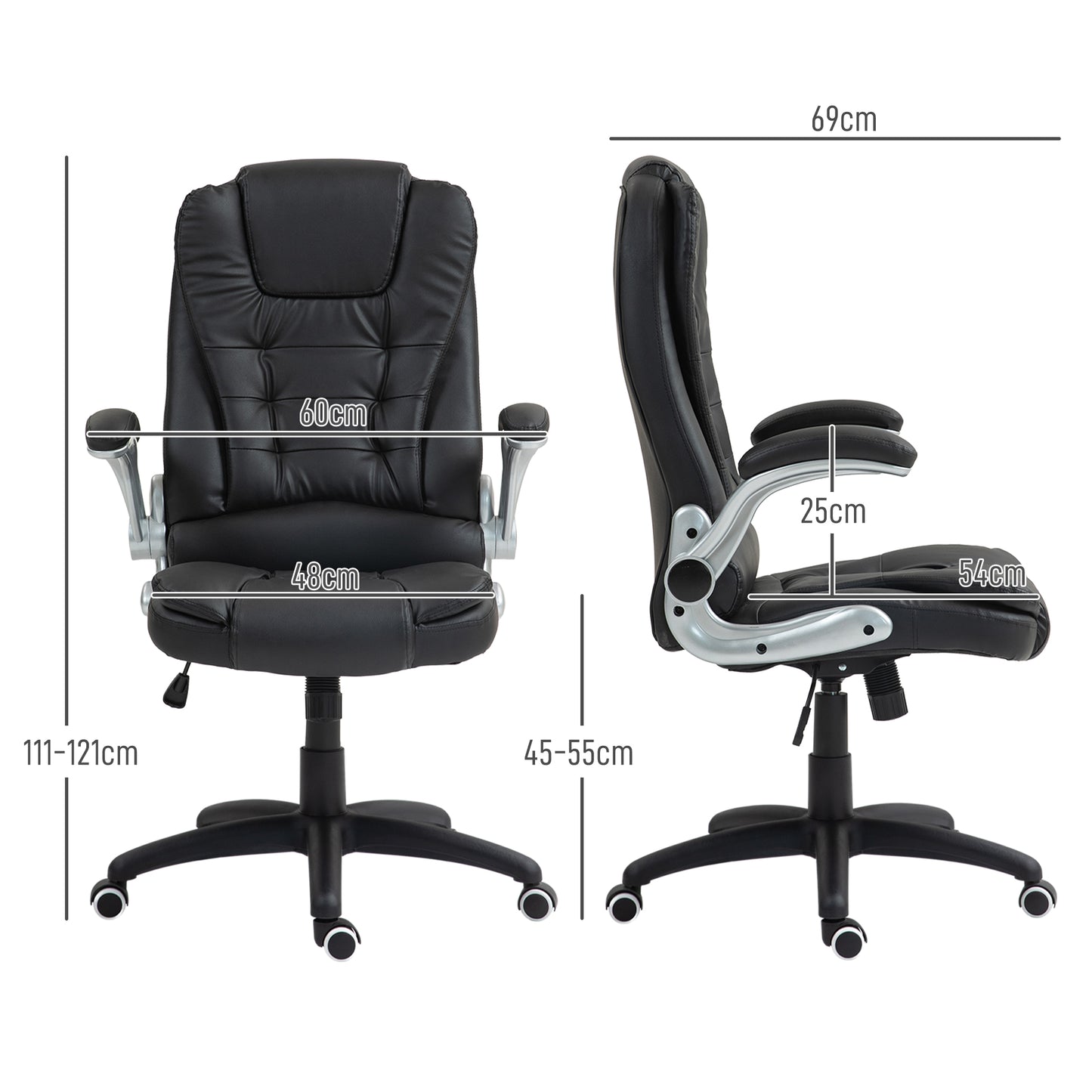 Office Chair in Faux PU Leather with Folding Armrests, High Backrest and Rocking, Black