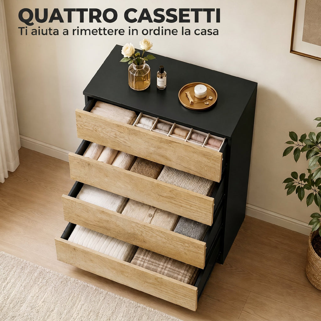 HOMCOM 4-Drawer Wooden Chest of Drawers with Metal Rails and Grooved Handles, 60x40x80 cm, Black and Oak