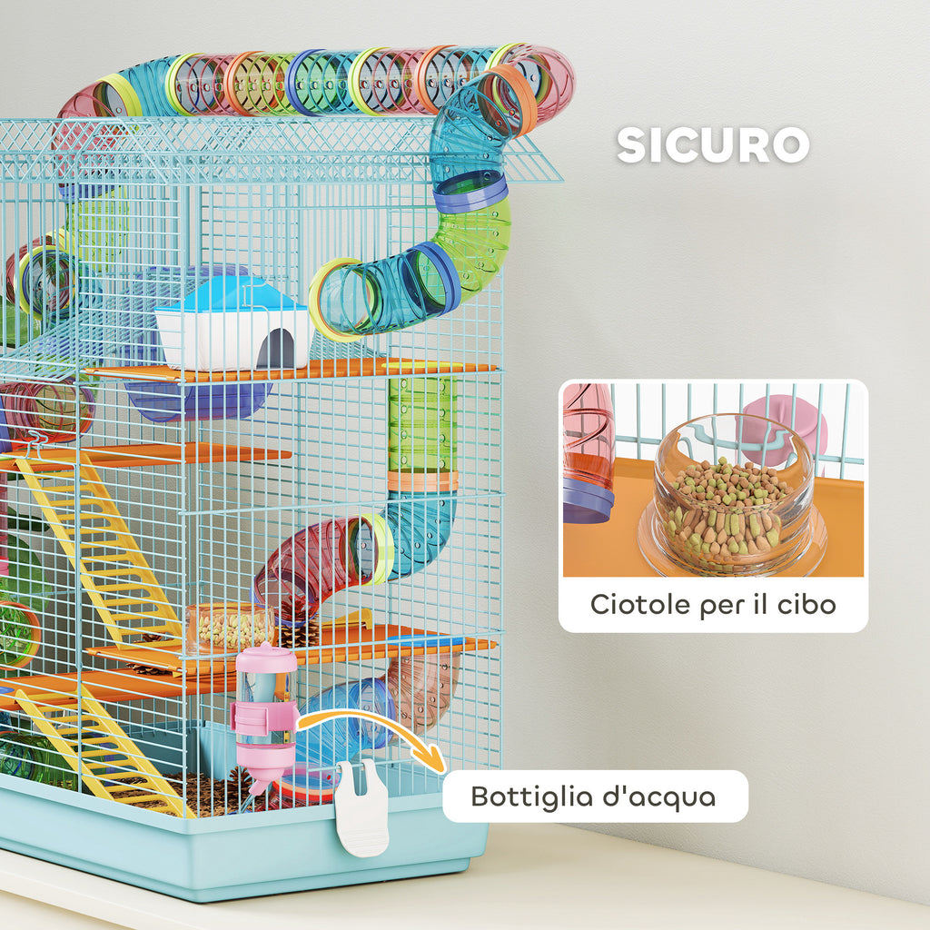 5-Story Hamster Cage with Colorful Tubes, Wheel, House and Accessories, 47x30x59 cm, Blue