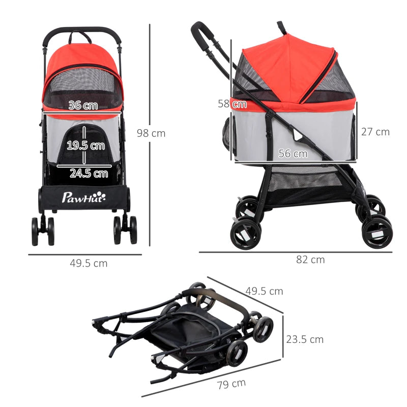 Foldable Dog Stroller with Removable Carrier and Canopy, 82x49. 5x98cm, Red - Borgè