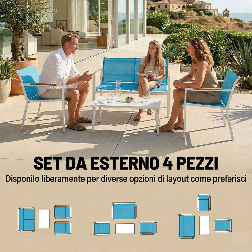 Outsunny 4-Seater Garden Set with Sofa, Armchairs, and Metal Table, Blue.