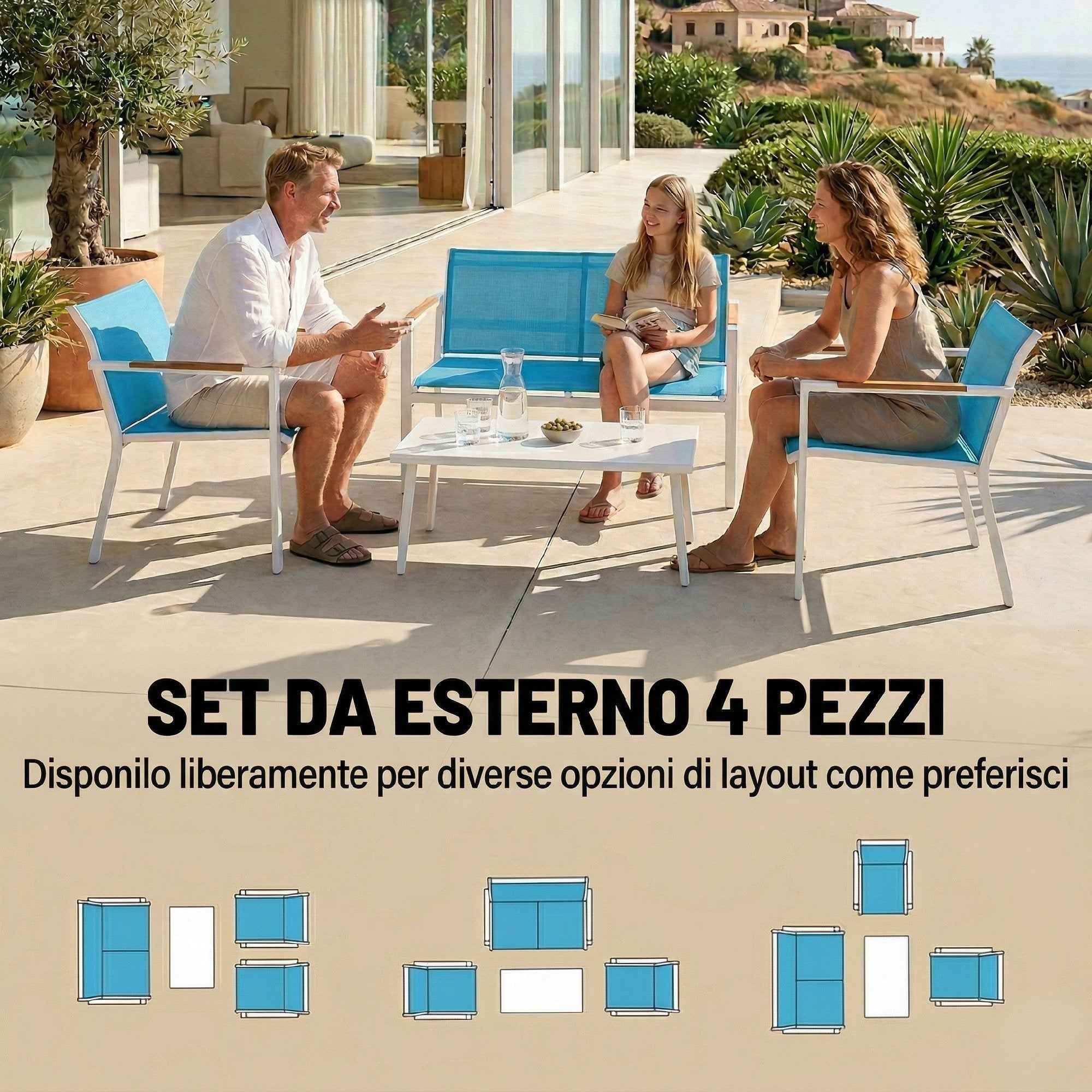Outsunny 4-Seater Garden Set with Sofa, Armchairs, and Metal Table, Blue.
