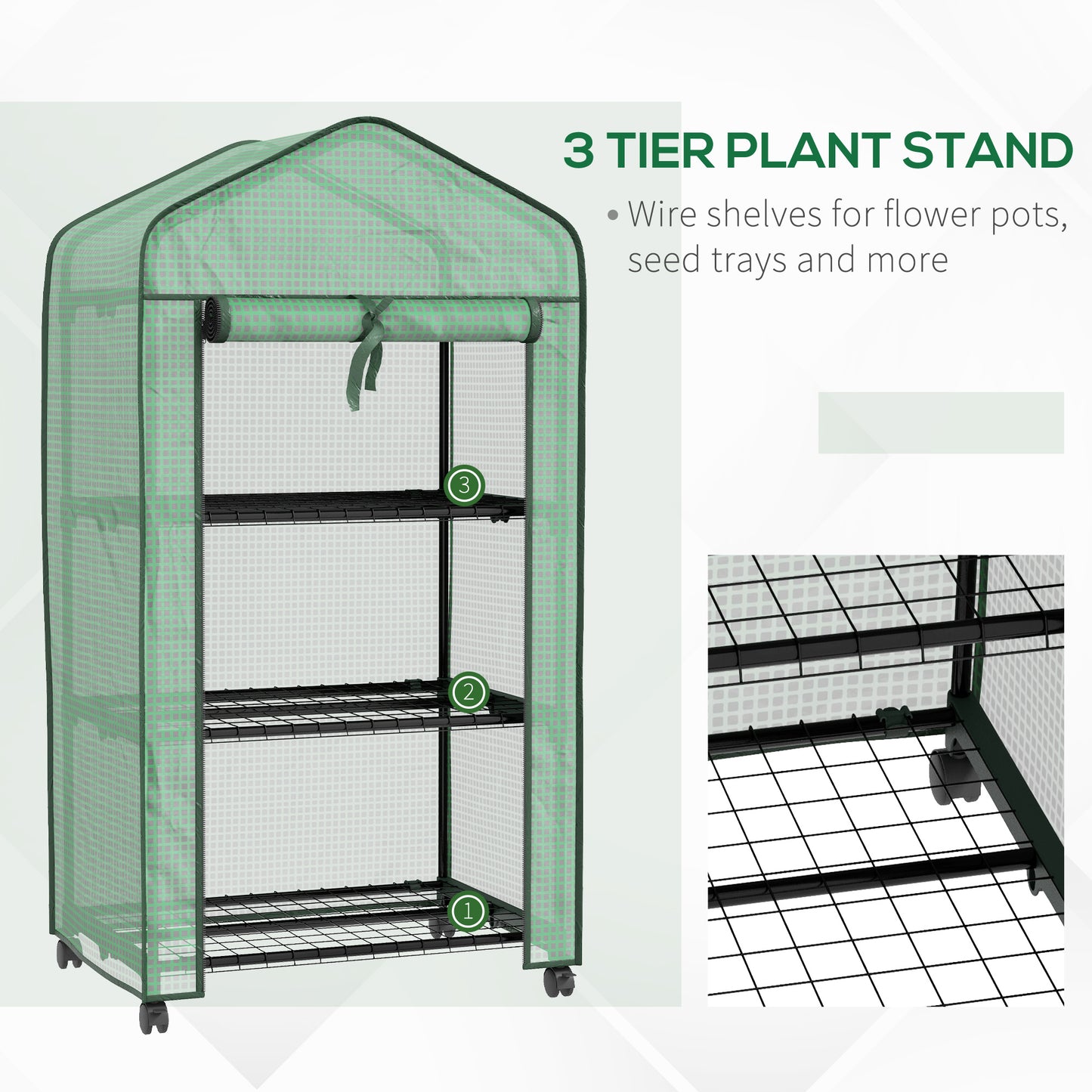 Outsunny Mini Garden Greenhouse with PE Cover, 3 Shelves and Wheels, 69x49x130cm, Green - Borgè