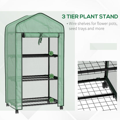 Outsunny Mini Garden Greenhouse with PE Cover, 3 Shelves and Wheels, 69x49x130cm, Green - Borgè