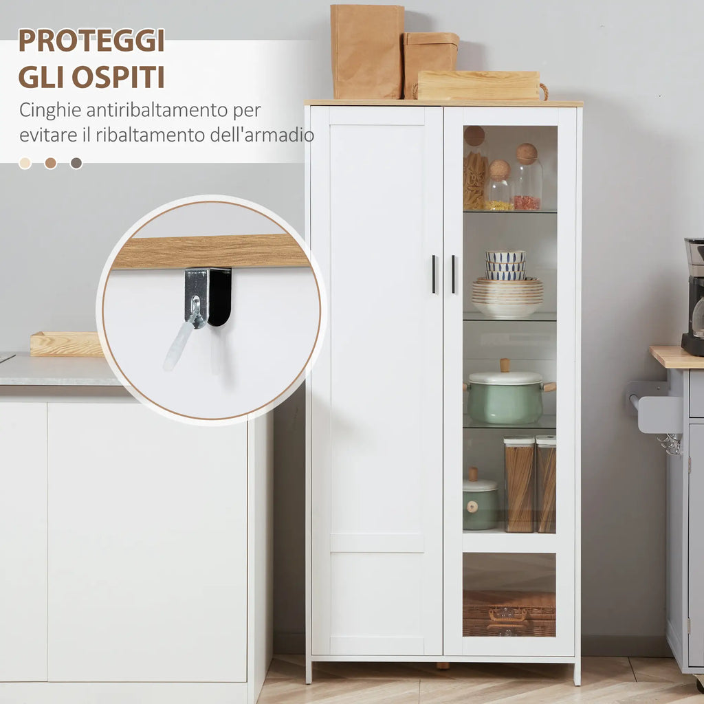 Modern 2-Door Sideboard with Adjustable Shelves in Wood and Glass, 76x36x160cm, White