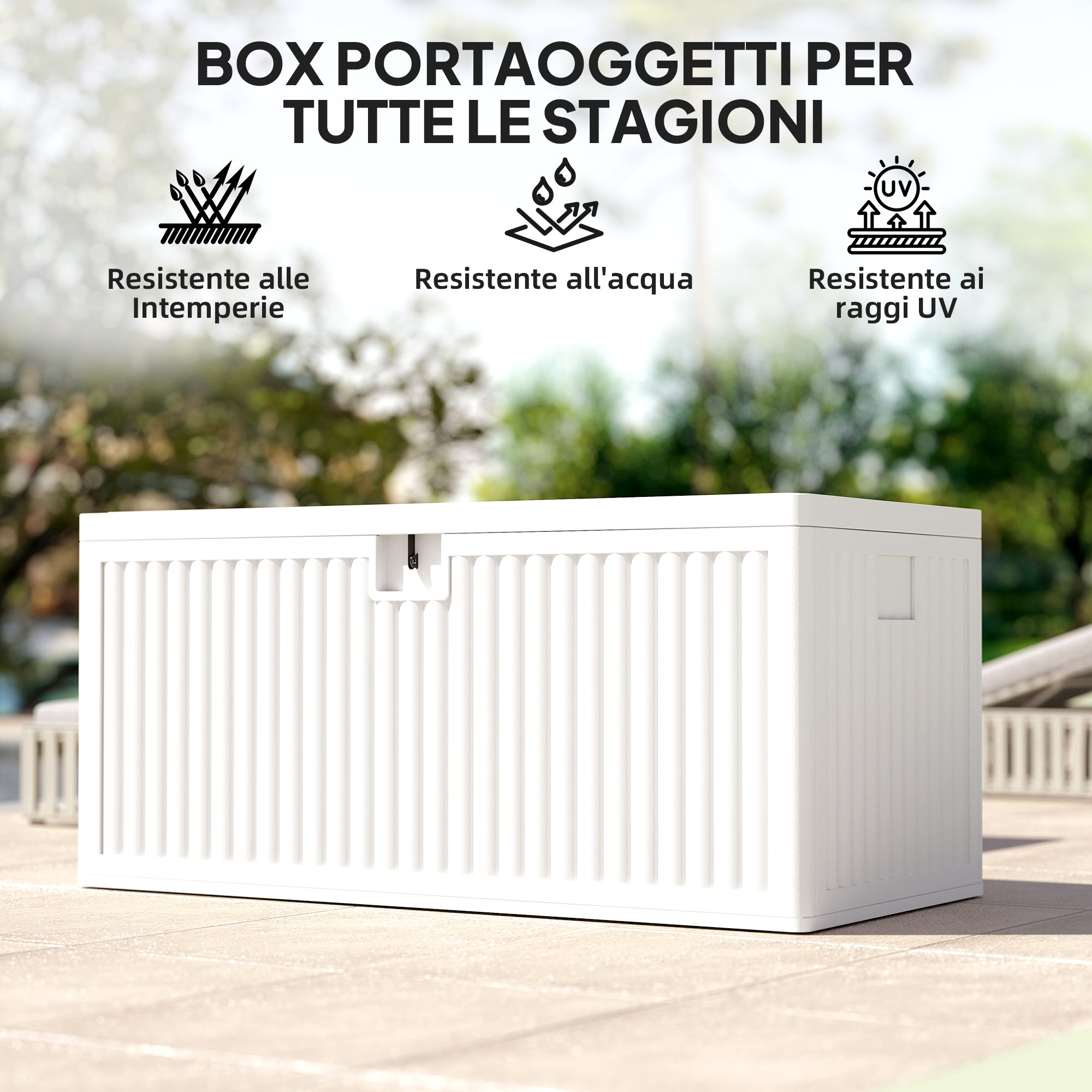 140L Outdoor Trunk in Waterproof and Grooved PE, 140x68x68 cm, White