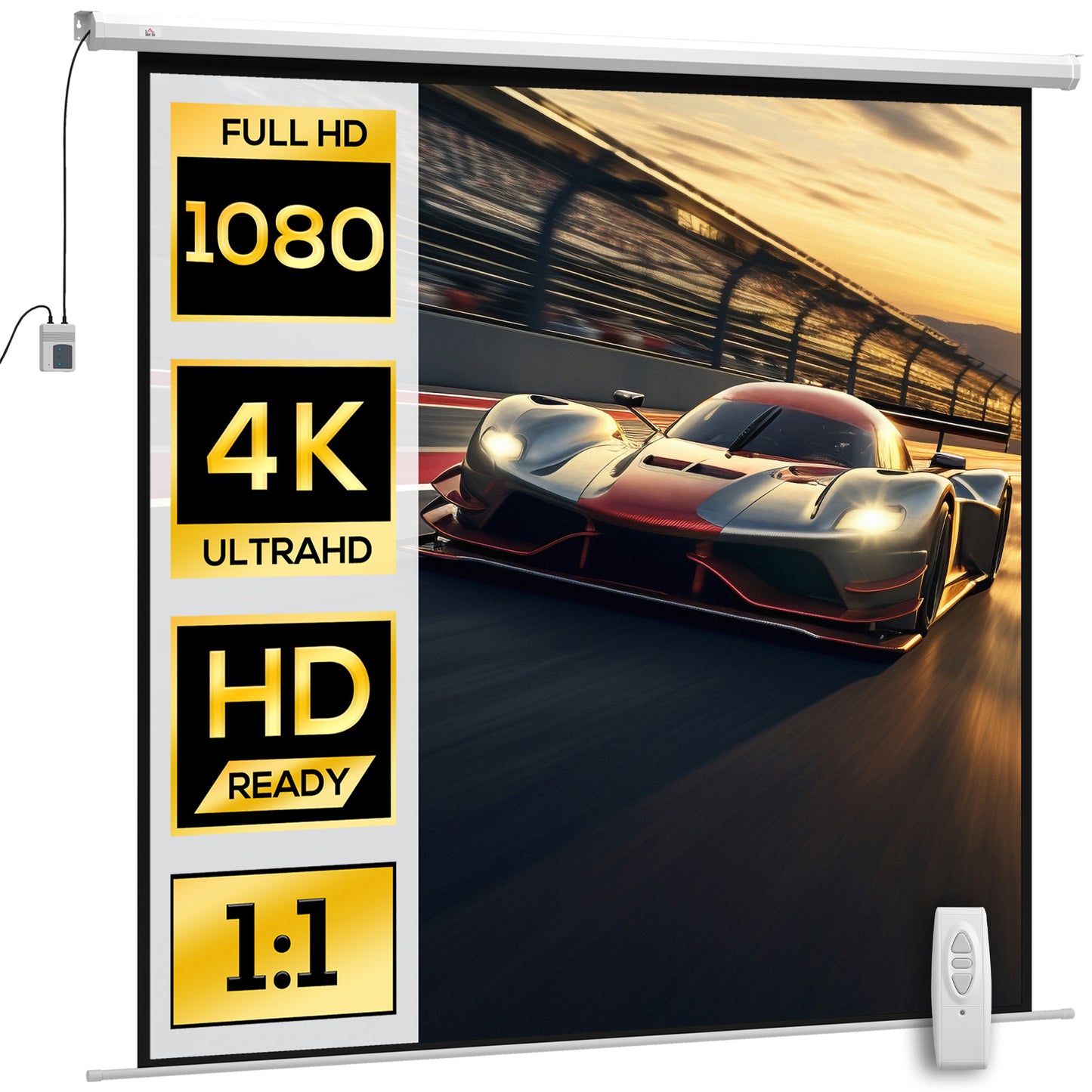 Motorized Projector Screen 120" with Remote Control, Plastic and Metal, 236.5x8x236.5 cm, White