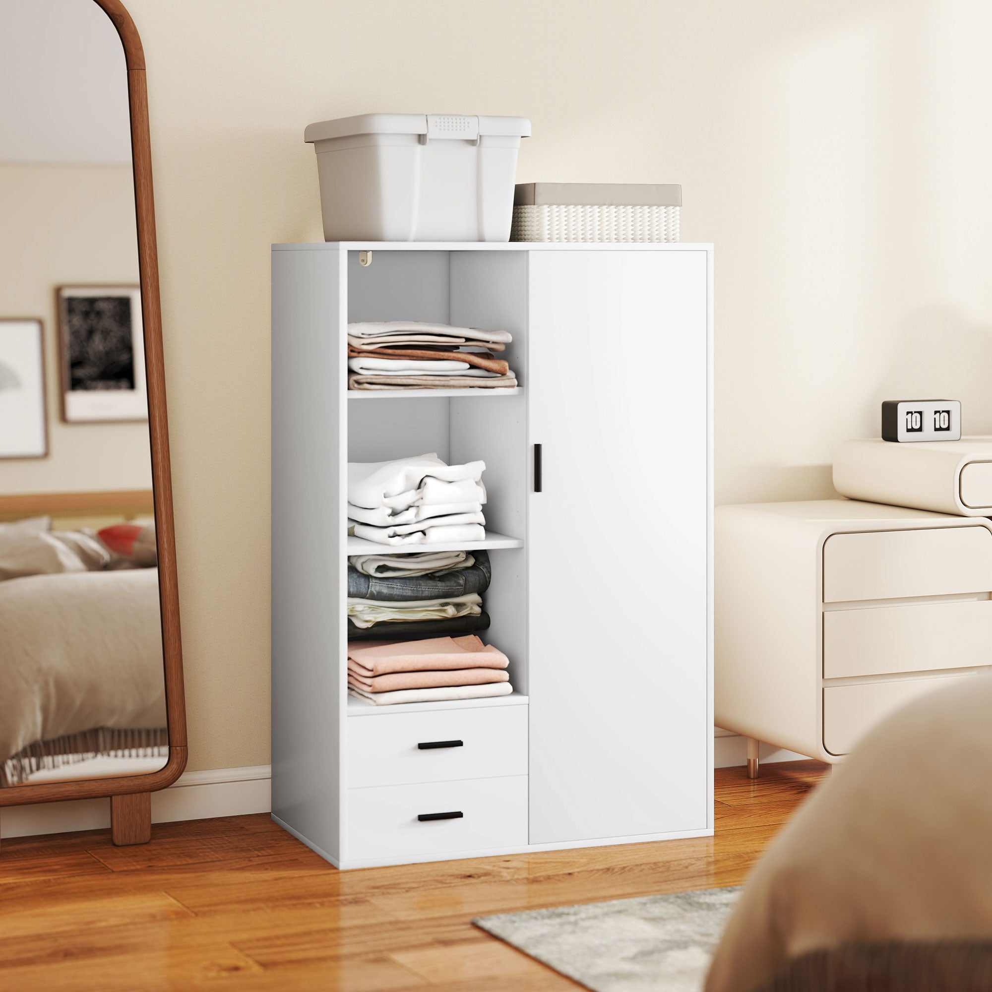 Modern Wardrobe with 2 Drawers, Open Shelves and Hanging Space, 80x50x124 cm, White