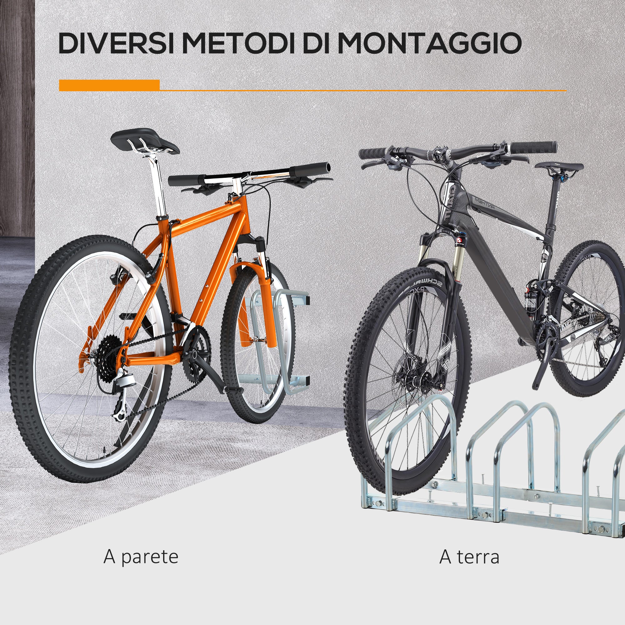Floor or Wall Mounted Bike Rack, Steel Bike Storage for 3 Bikes, Wheels up to 55 mm, 70.5 x 33 x 27 cm, Silver