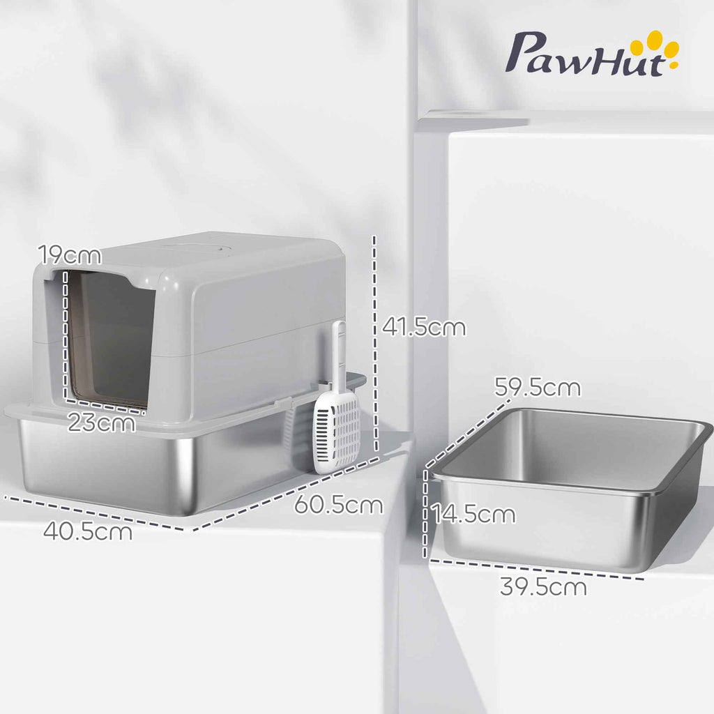 PawHut Enclosed Cat Litter Box with Steel Tray, Scoop and Filters, 40.5x60.5x41.5 cm, Grey and Silver